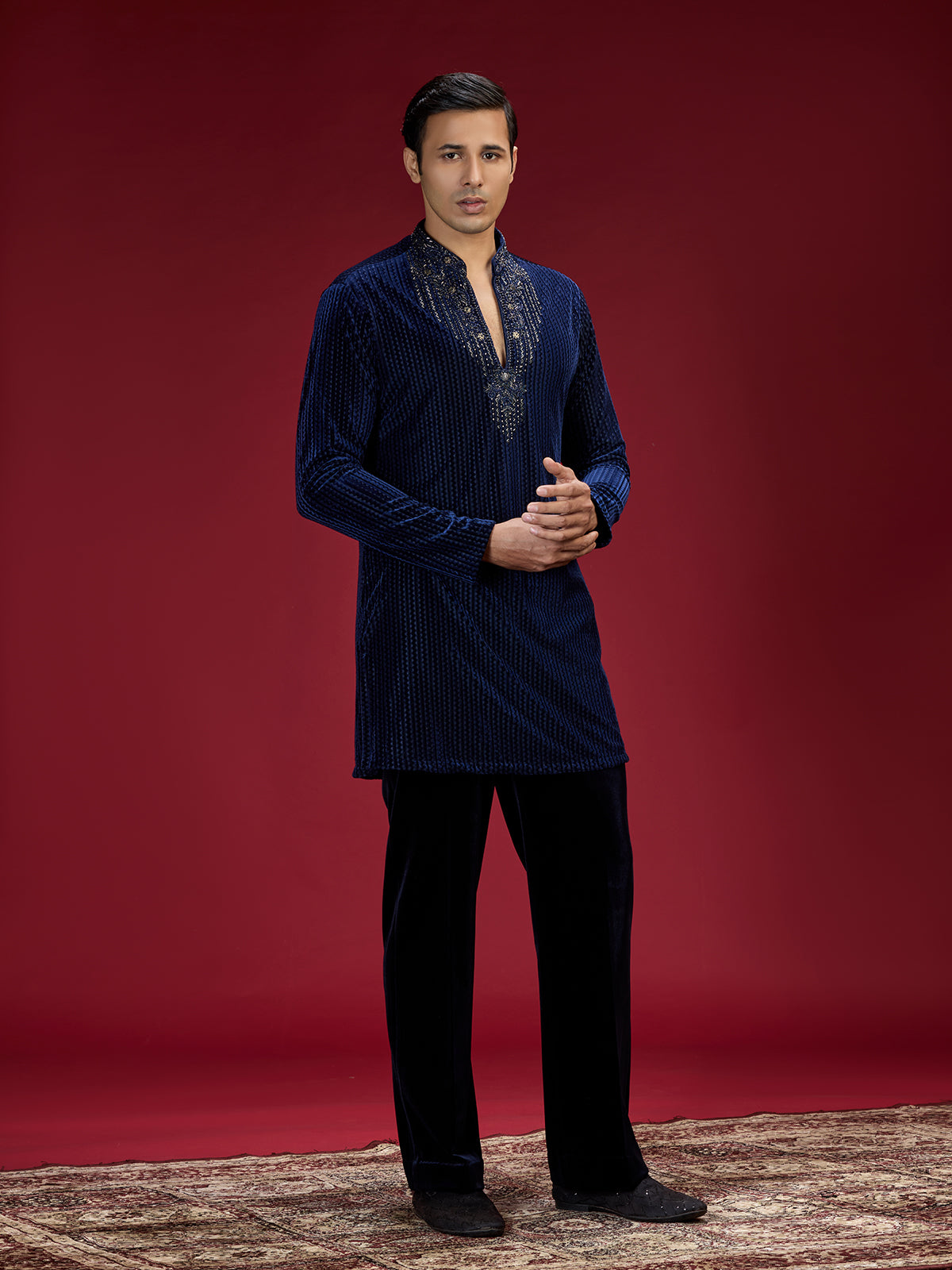 Blue geometric embellished mens kurta suit for weddings