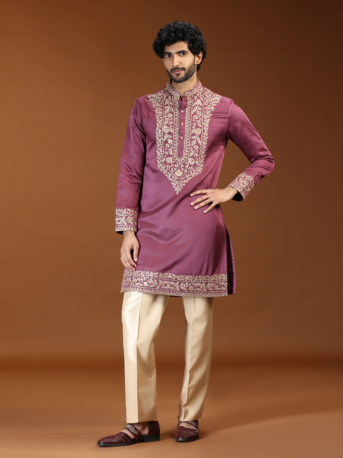 Onion pink floral embroidered mens kurta suit for festive