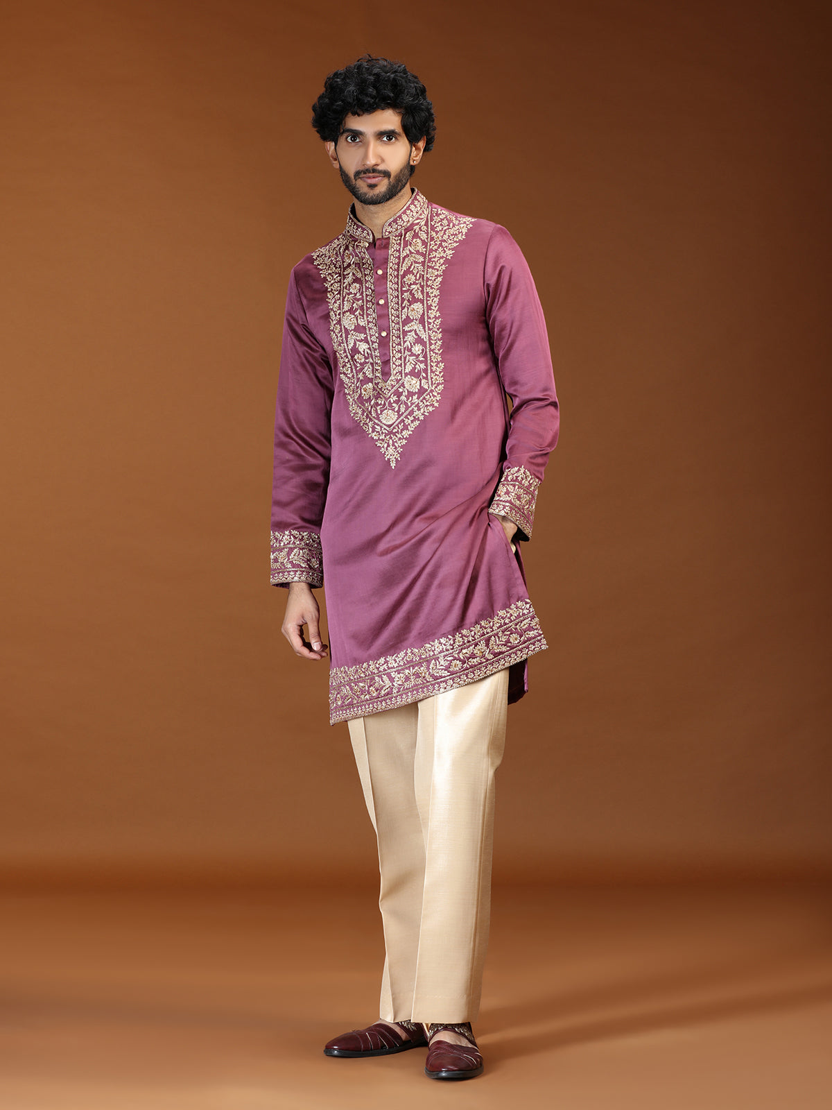 Onion pink floral embroidered mens kurta suit for festive