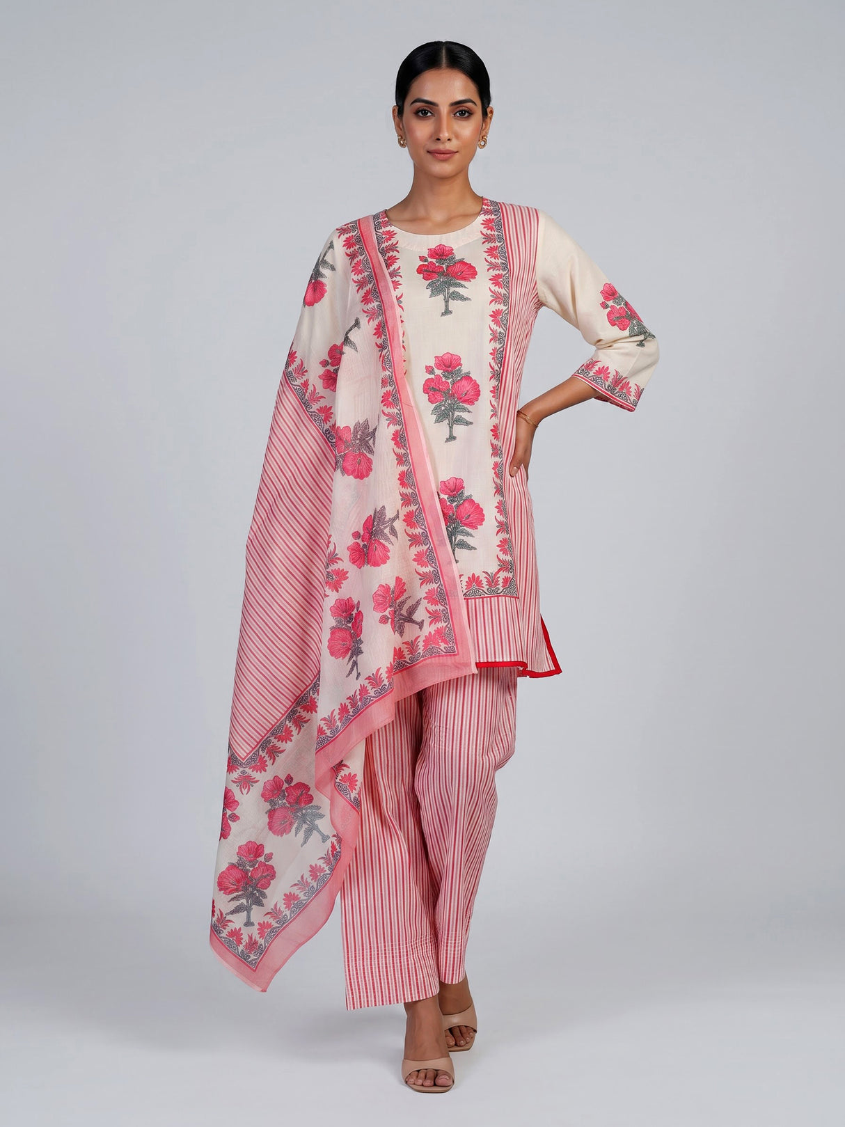 Pink cotton blend salwar suit with graceful floral printed styling