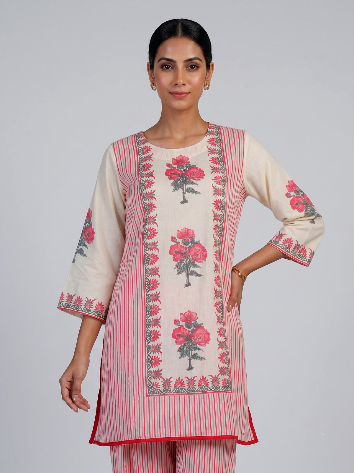 Pink cotton blend salwar suit with graceful floral printed styling