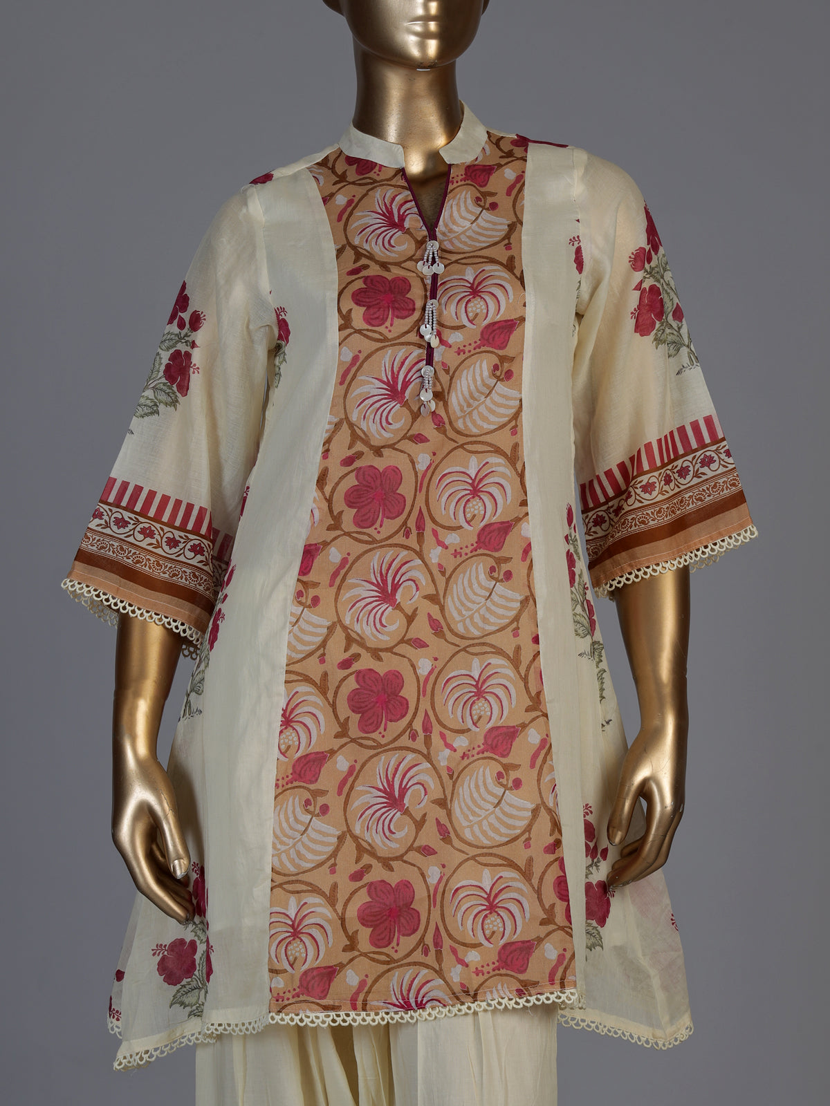 Cream cotton silk kurti set with floral printed elegance