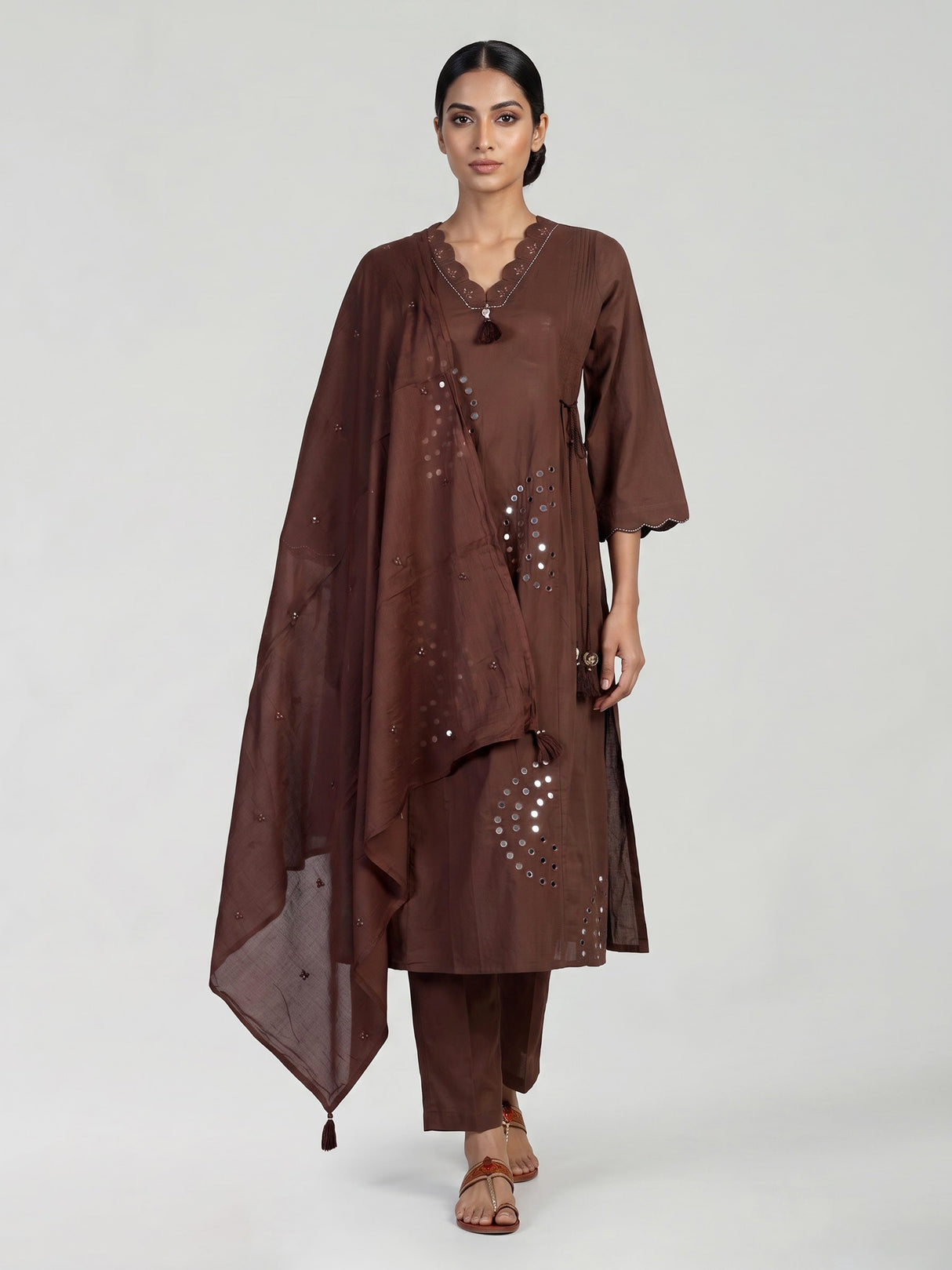 Coffee brown cotton silk palazzo kurti set with aabla embellishments