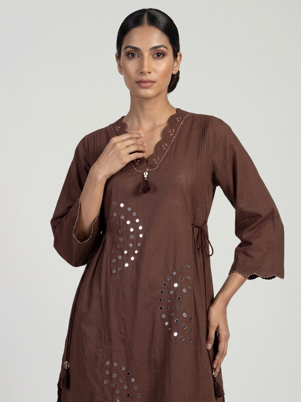 Coffee brown cotton silk palazzo kurti set with aabla embellishments