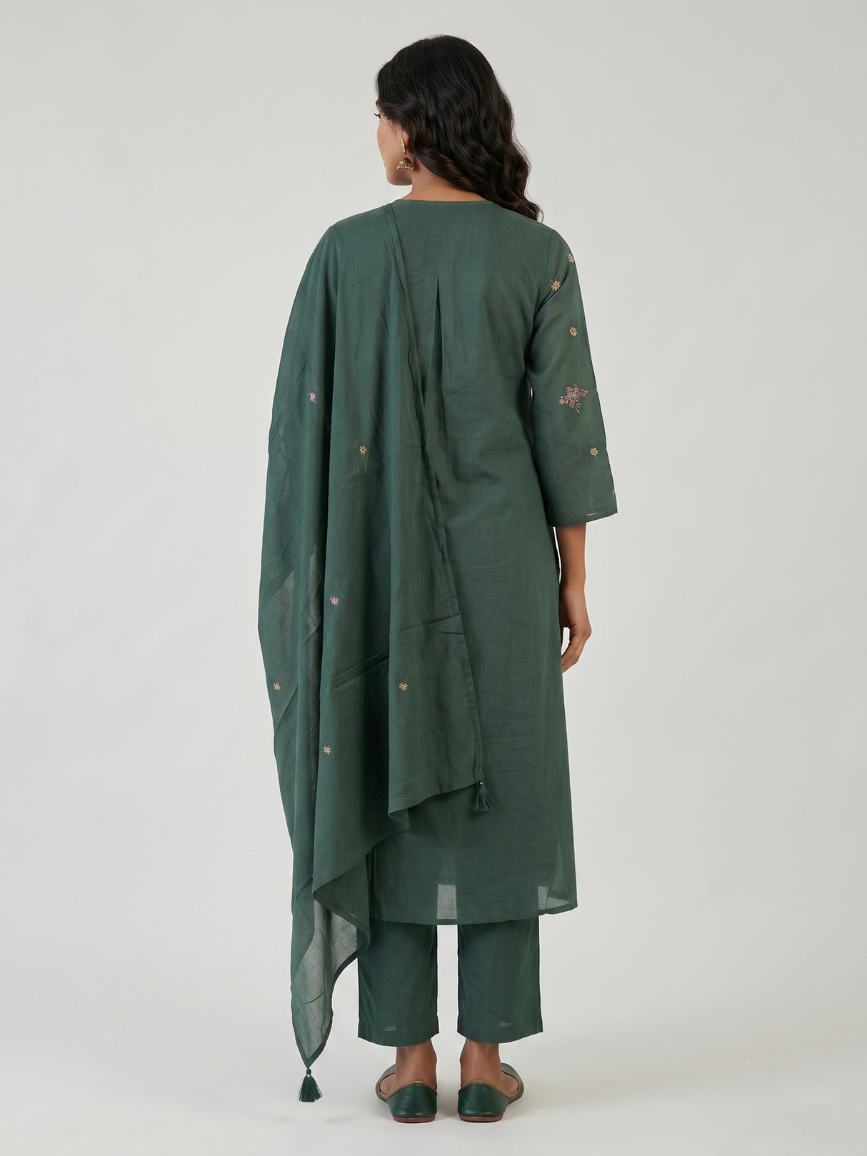 Sage green cotton silk palazzo kurti set with refined embroidery