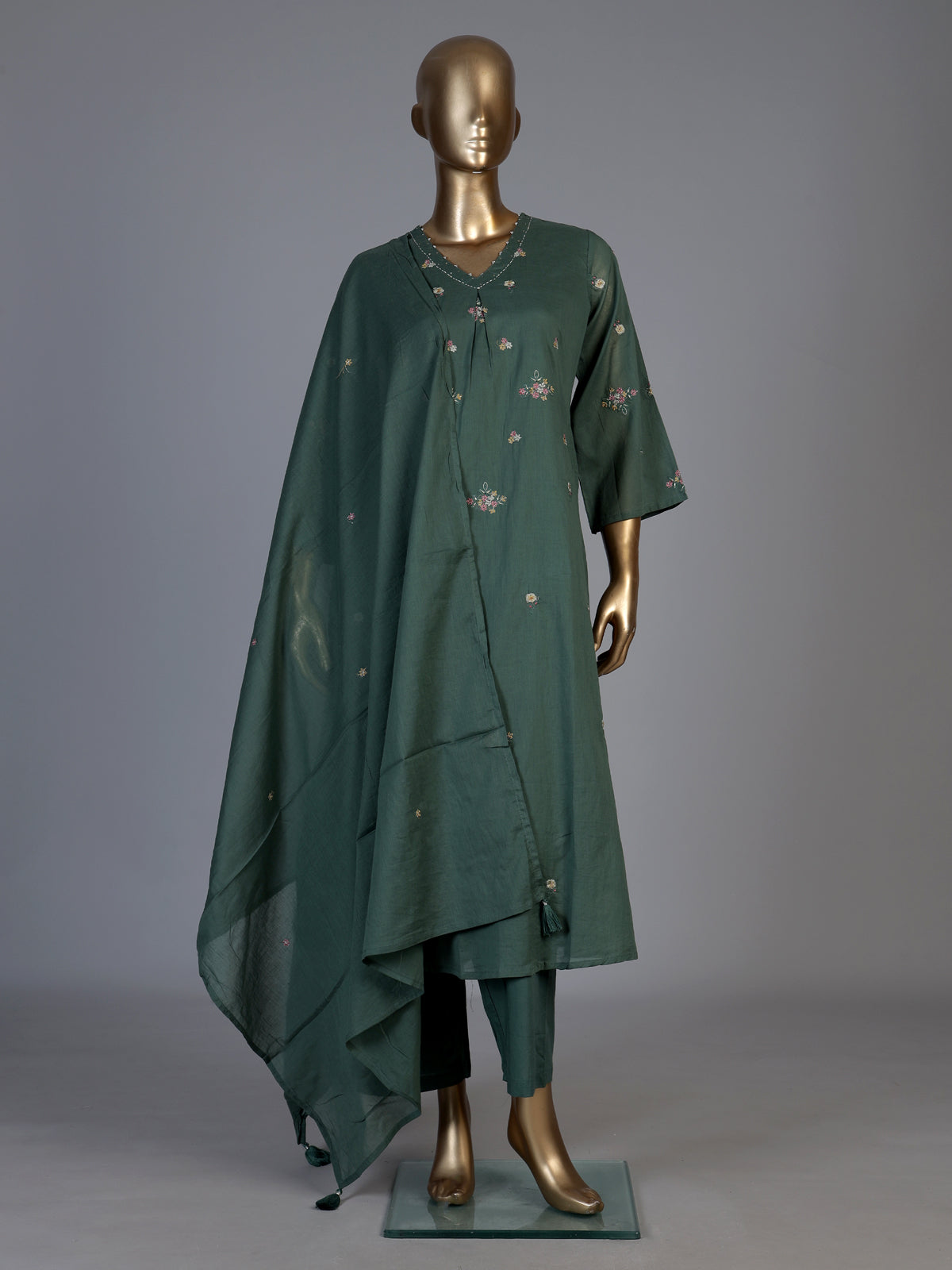 Sage green cotton silk palazzo kurti set with refined embroidery