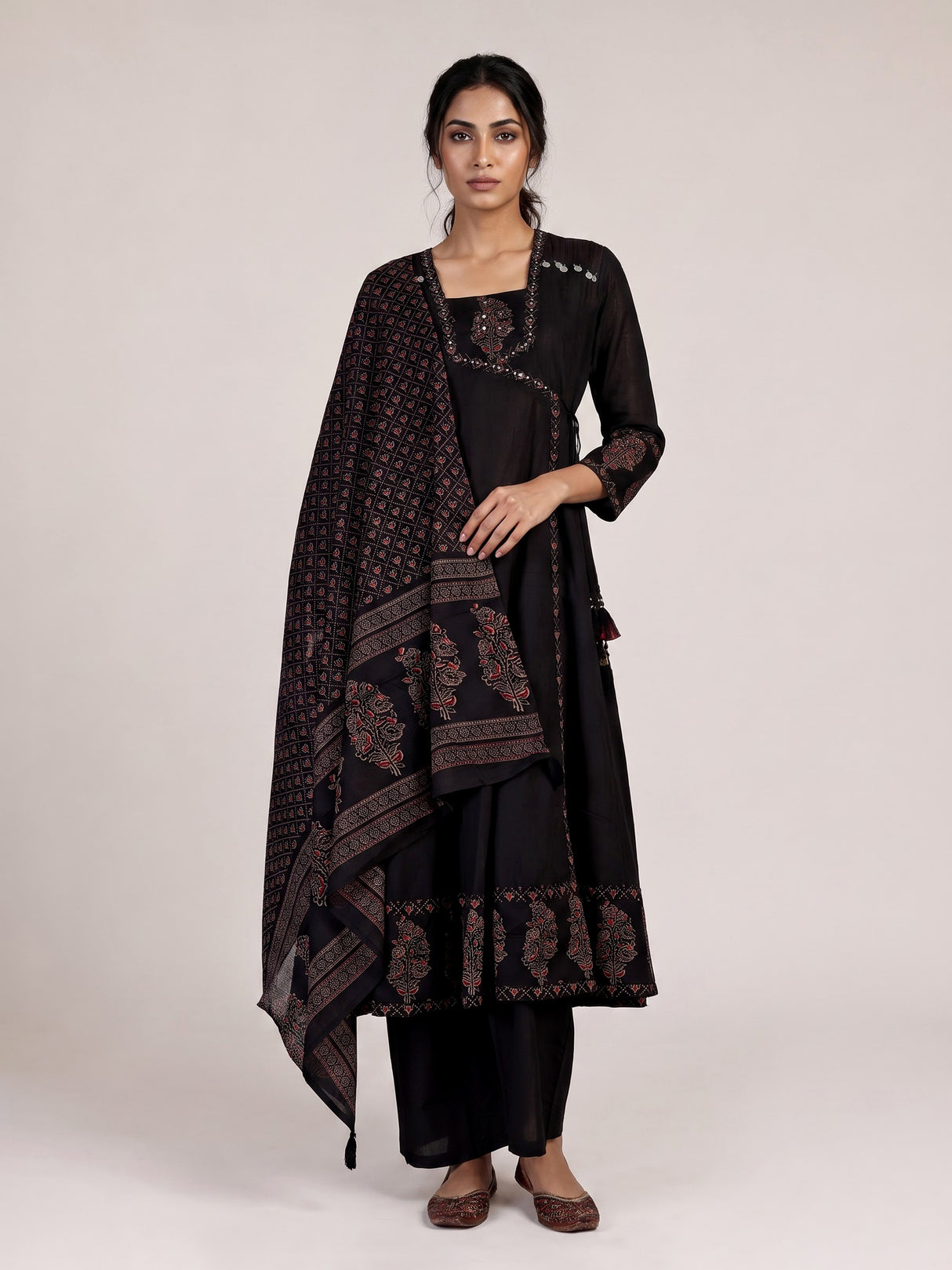 Black cotton silk anarkali kurti set with printed embellishments