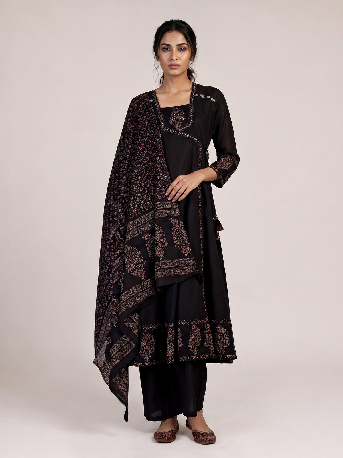 Black cotton silk anarkali kurti set with printed embellishments