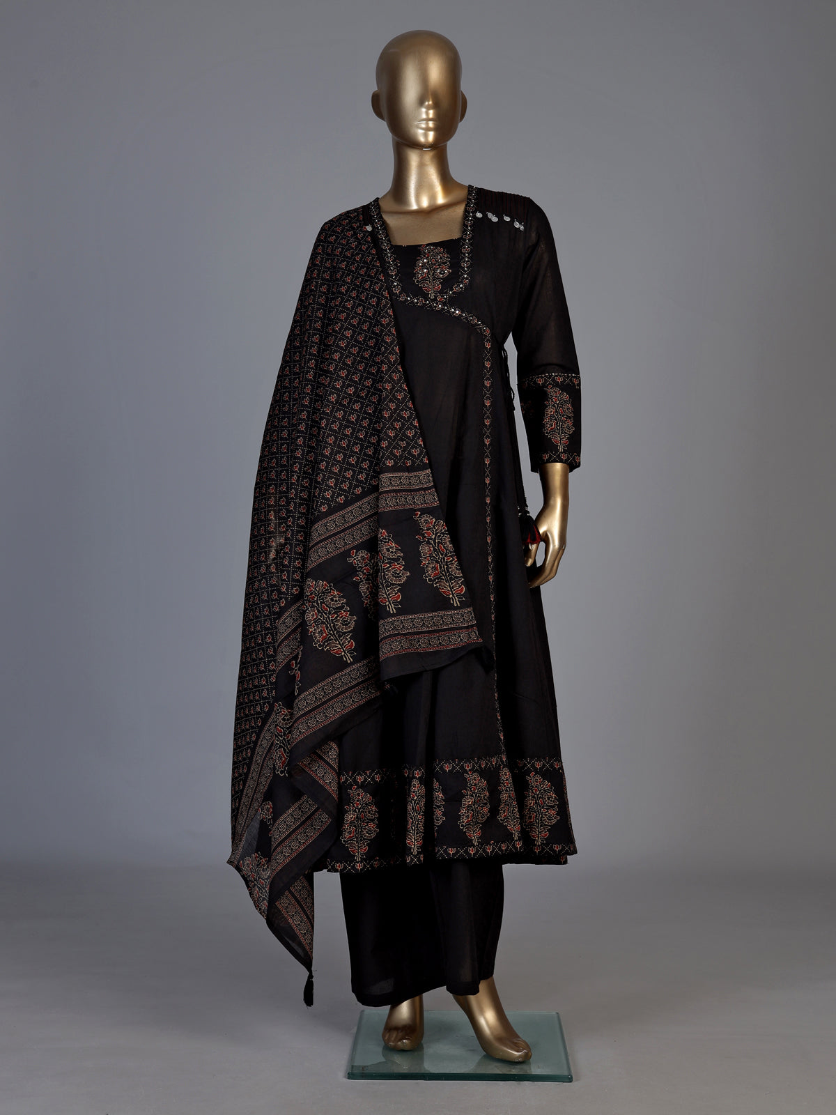 Black cotton silk anarkali kurti set with printed embellishments