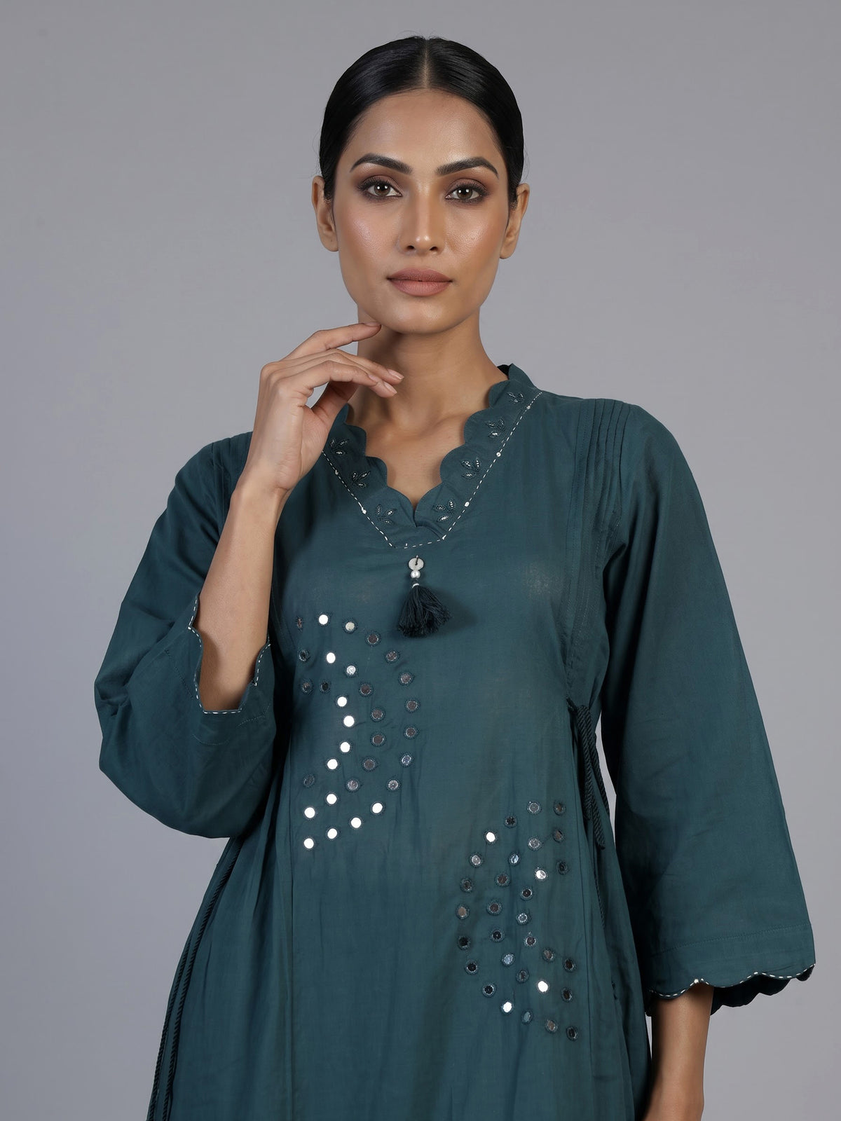 Rama green cotton silk kurti set with aabla tassel detailing