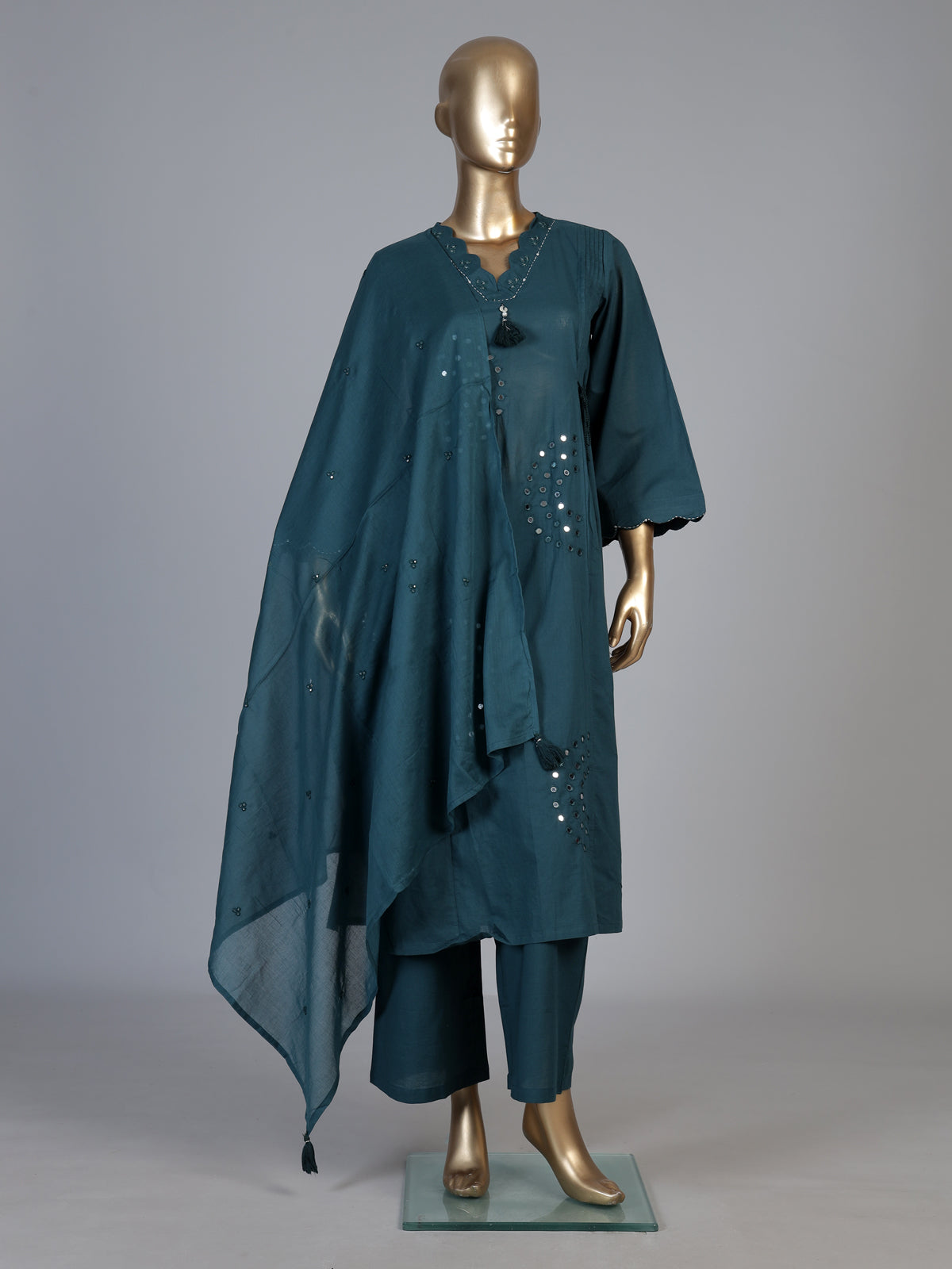 Rama green cotton silk kurti set with aabla tassel detailing