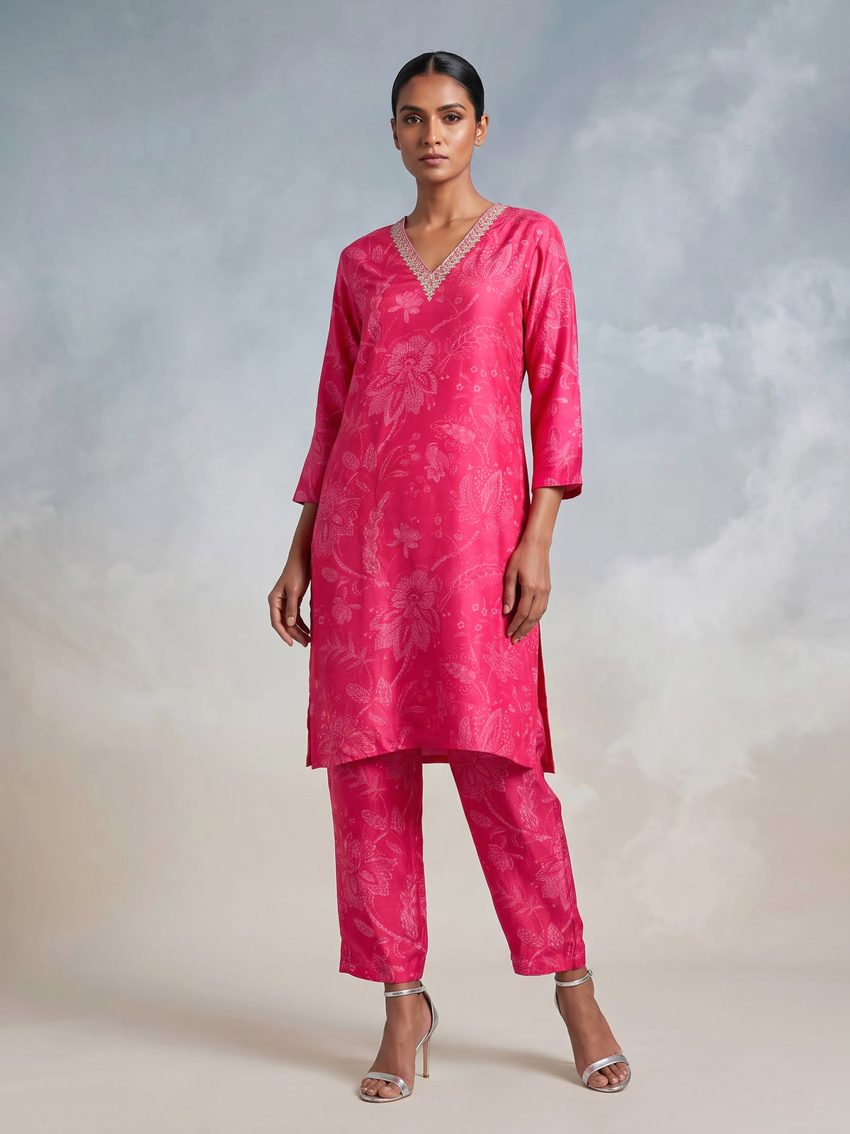 Rani pink cotton silk kurti set with ornate zardosi neckline