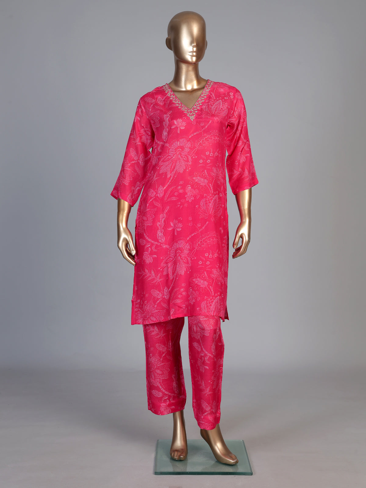 Rani pink cotton silk kurti set with ornate zardosi neckline