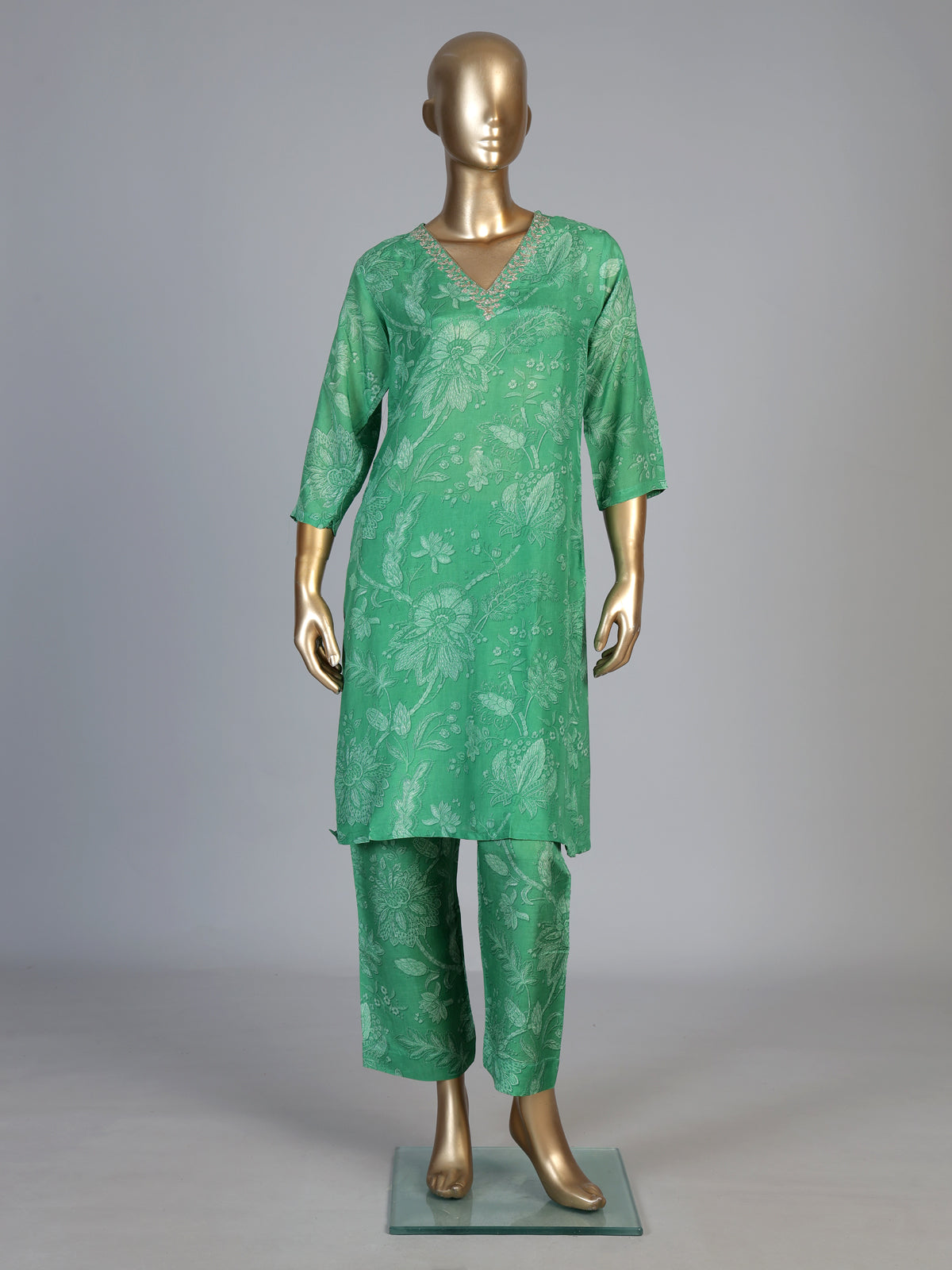 Green cotton silk kurti set with embellished printed neckline