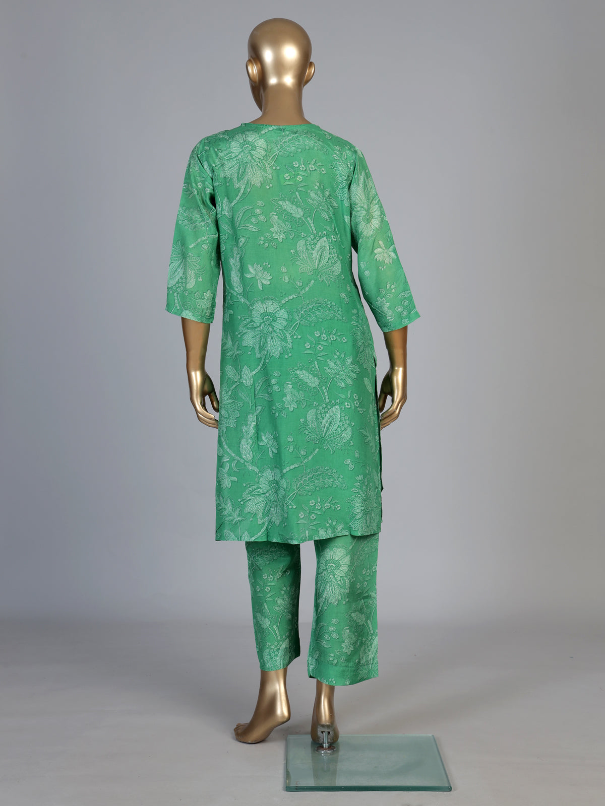 Green cotton silk kurti set with embellished printed neckline