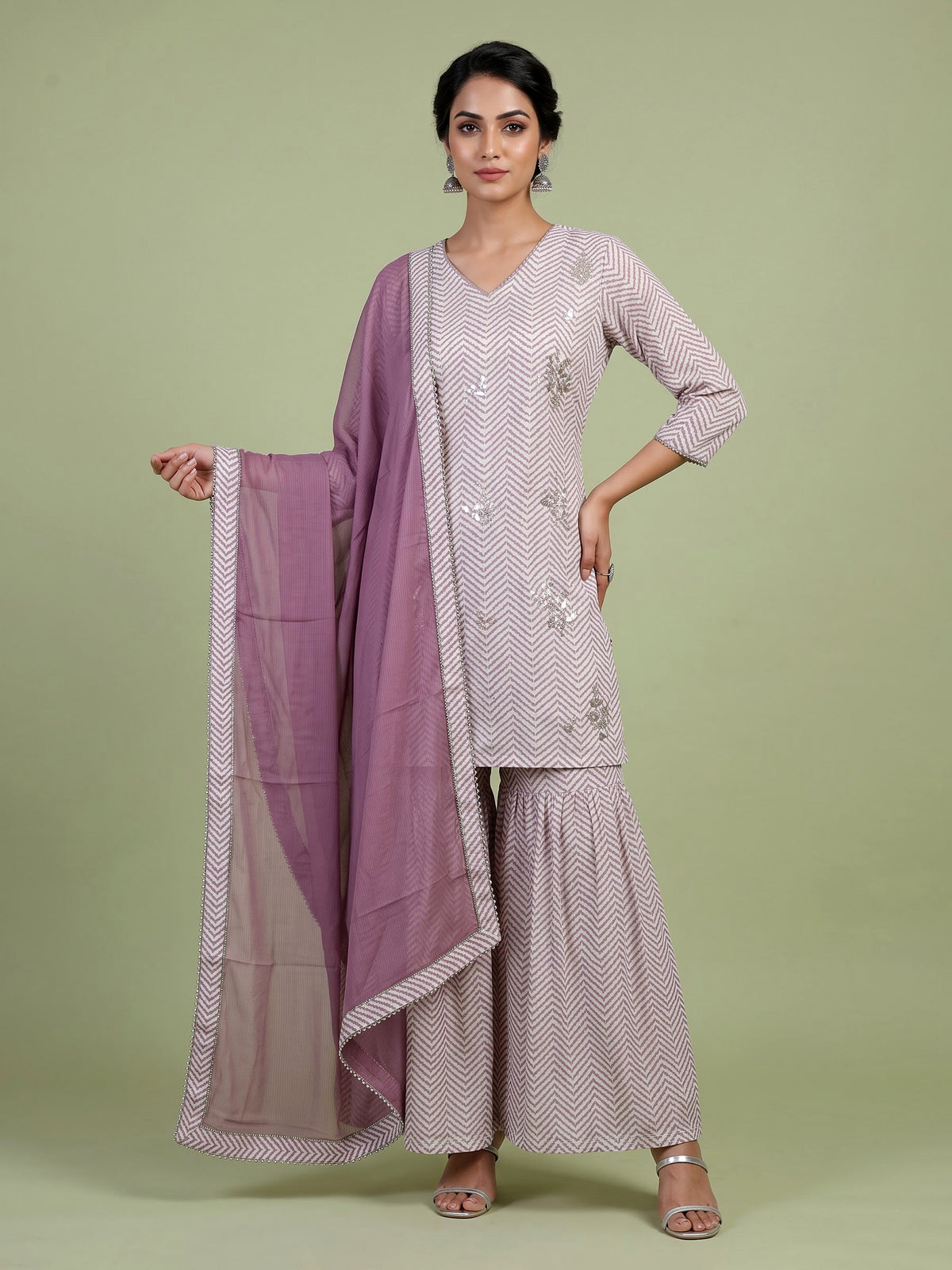 Purple cotton silk kurti set with ornate zardosi and gota