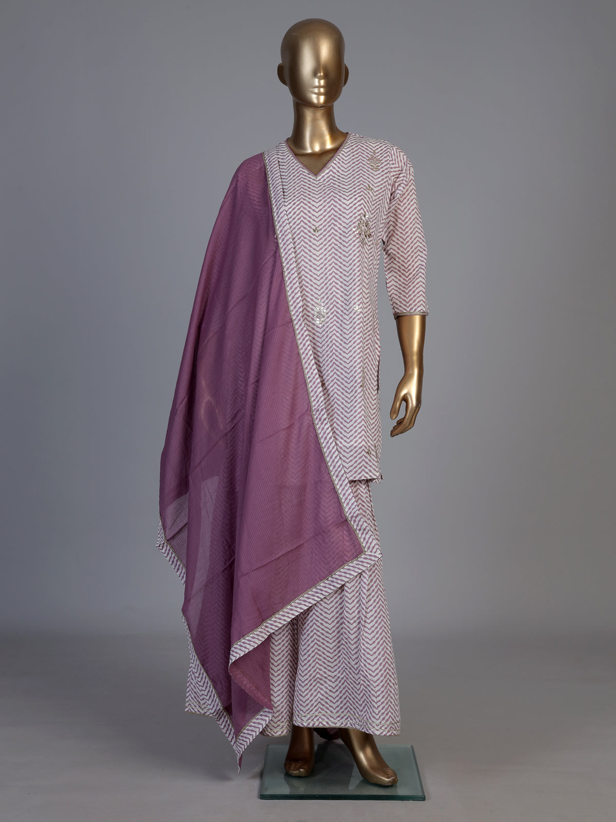 Purple cotton silk kurti set with ornate zardosi and gota