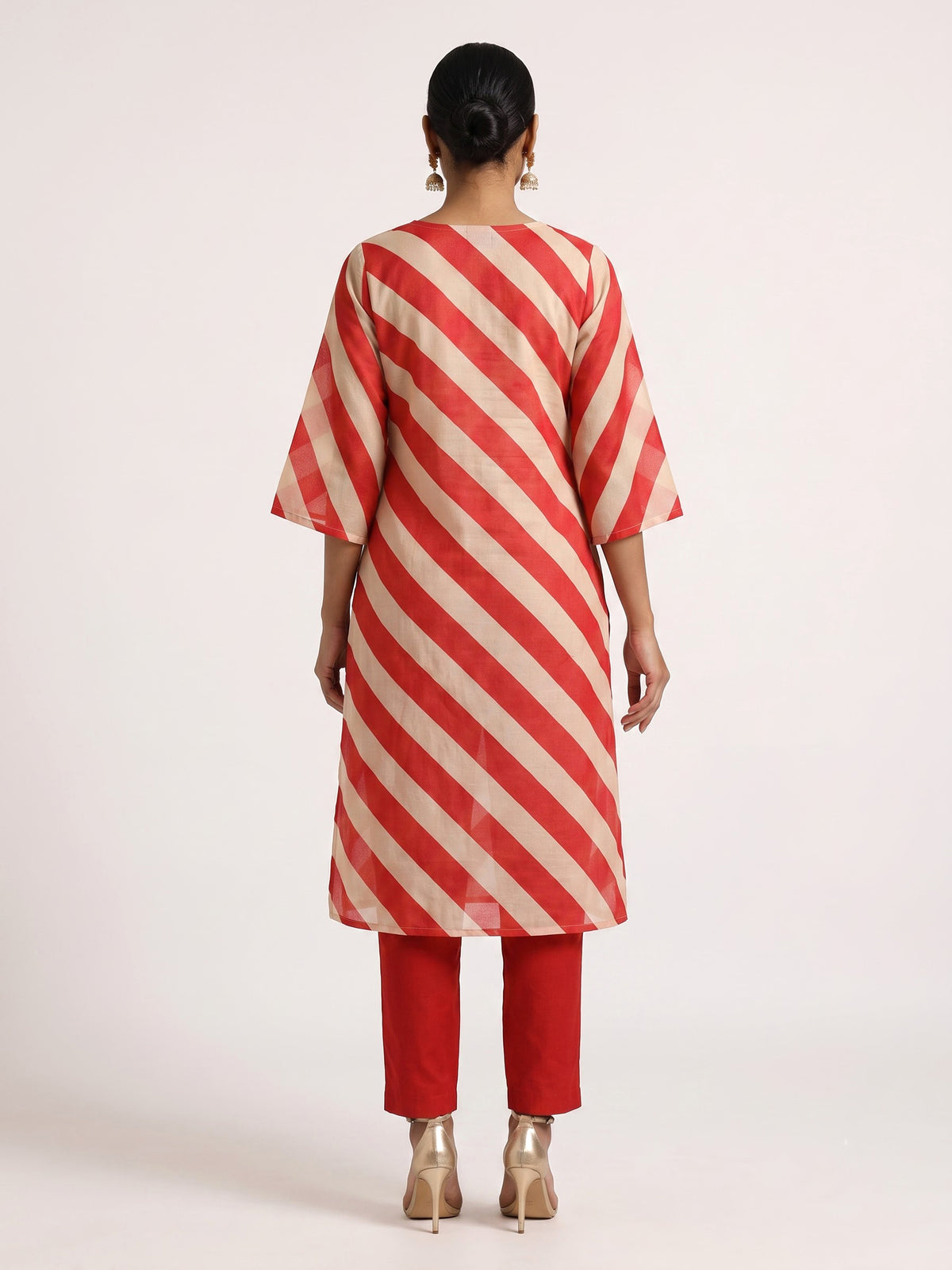 Red silk blend kurti set with printed design and coin accents