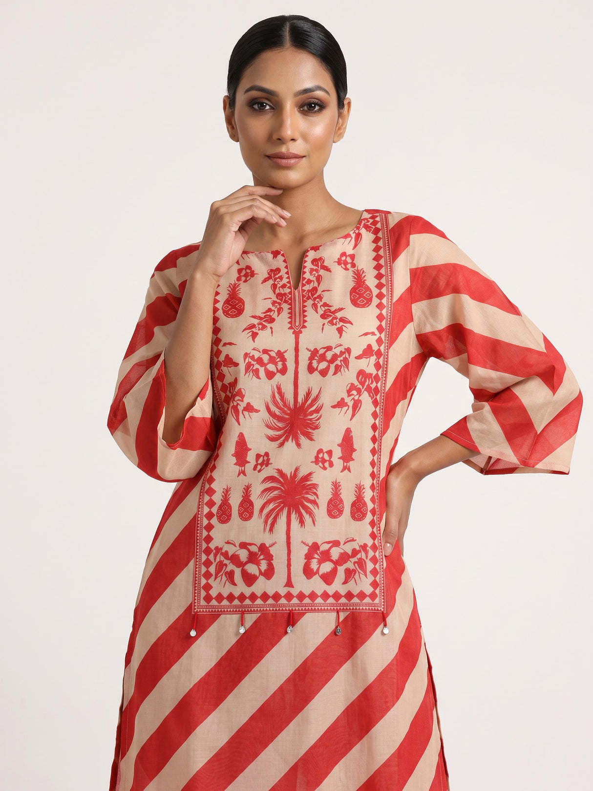 Red silk blend kurti set with printed design and coin accents