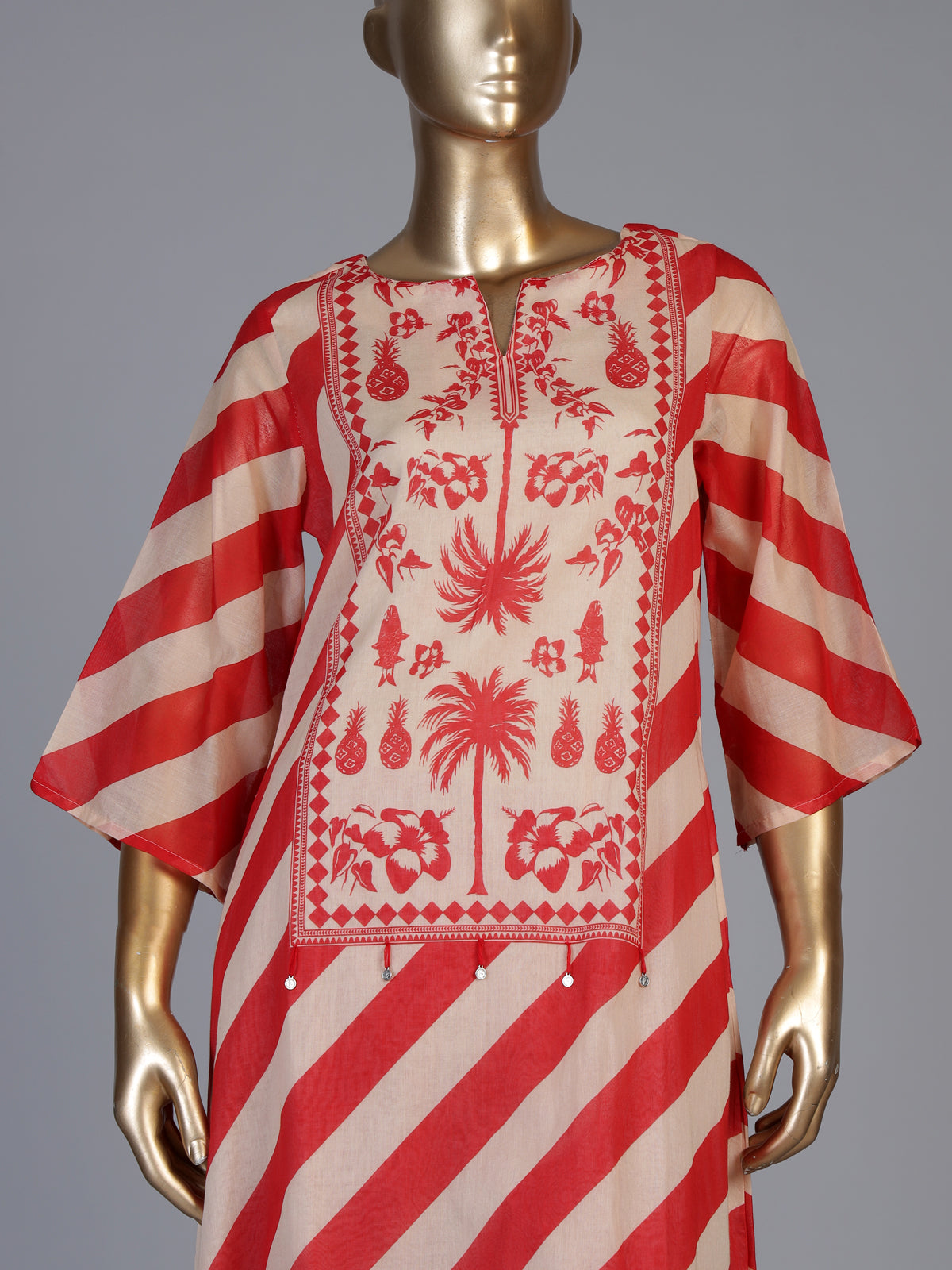 Red silk blend kurti set with printed design and coin accents