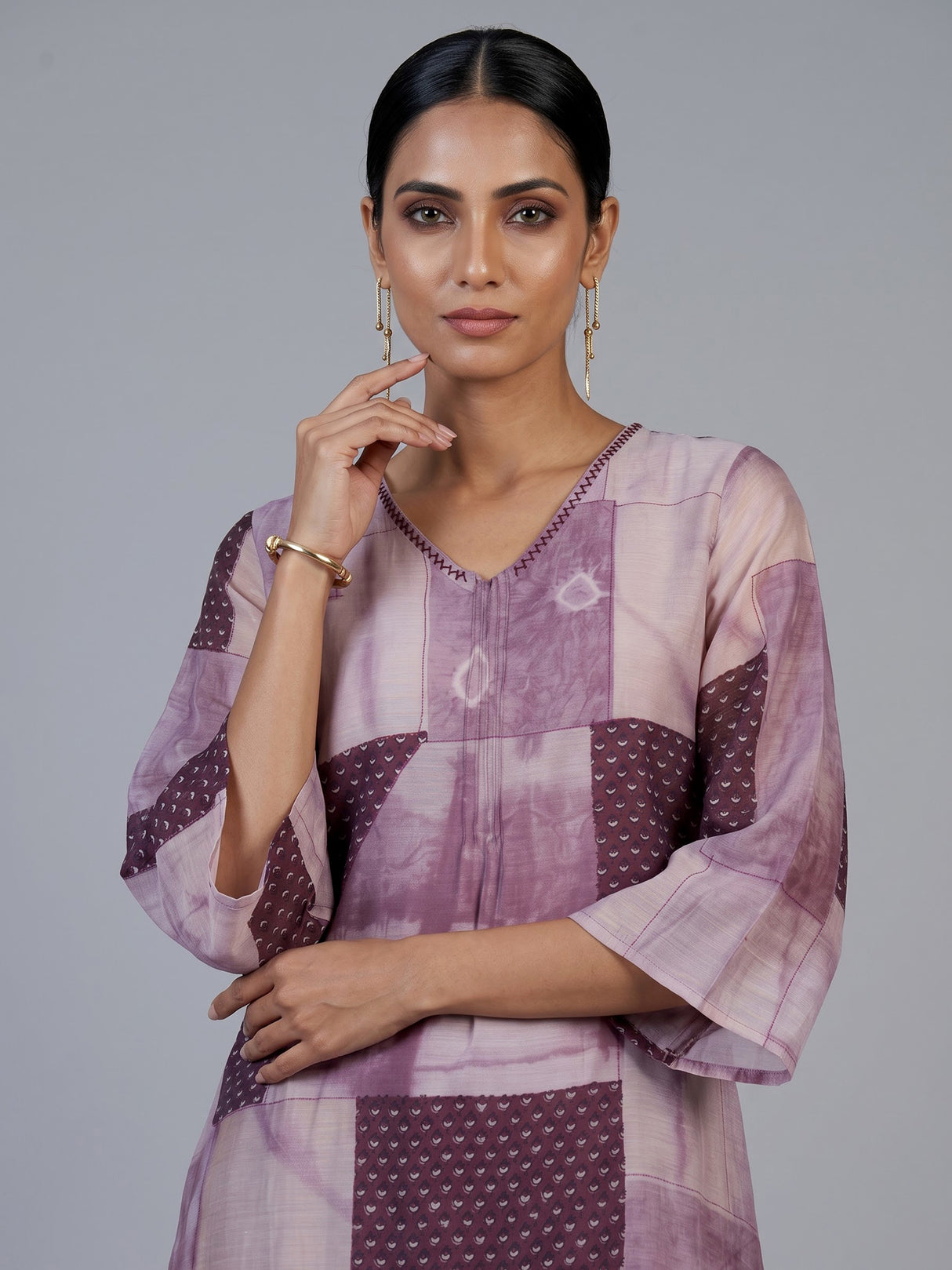 Wine silk kurti set with elegant printed pant and neckline