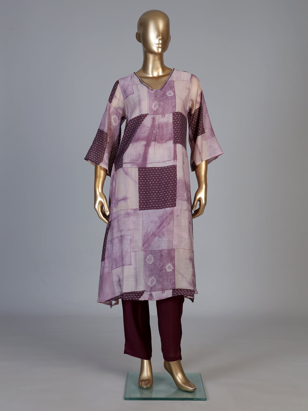 Wine silk kurti set with elegant printed pant and neckline