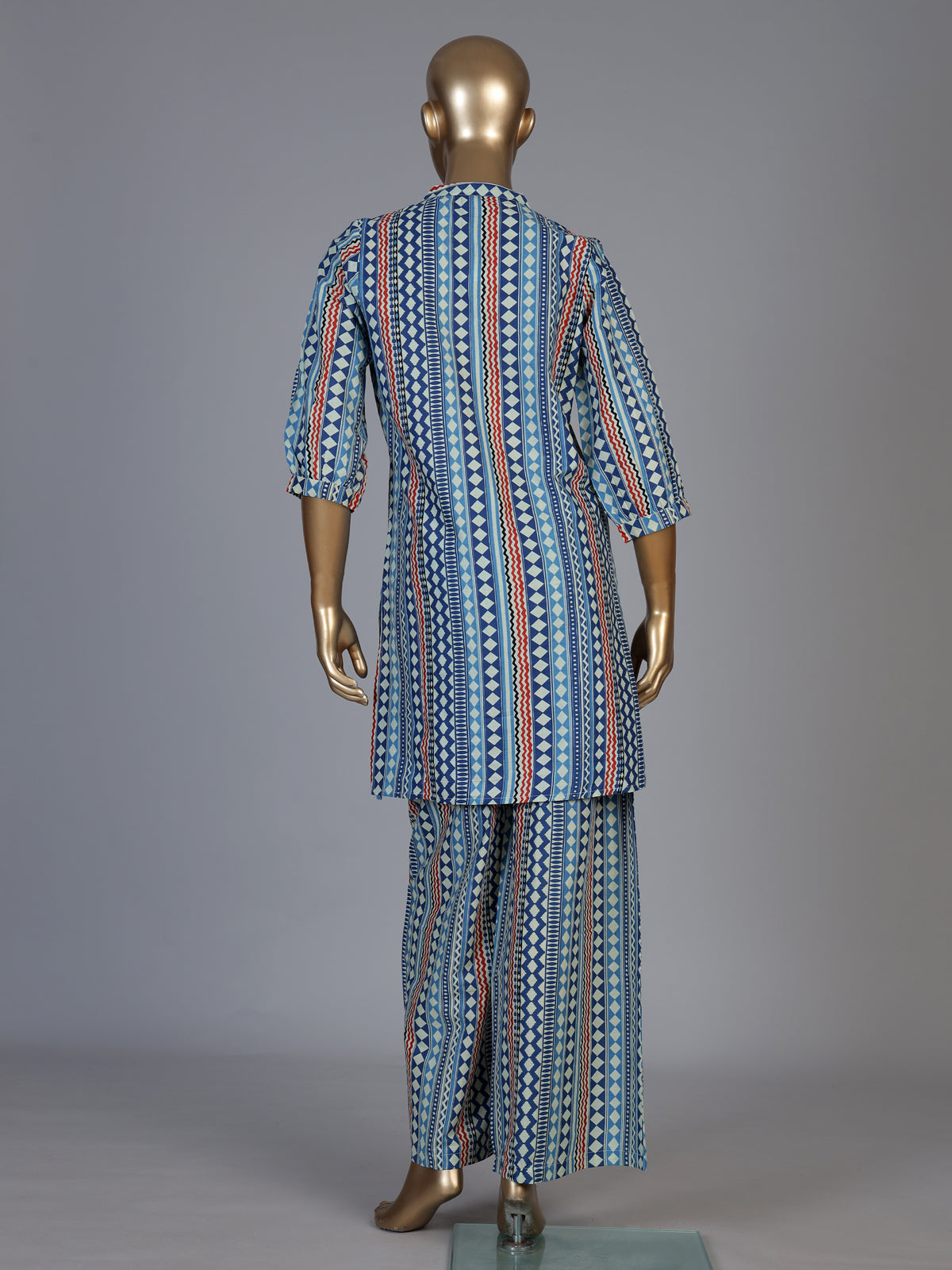 Blue silk blend palazzo kurti set with sophisticated printed design