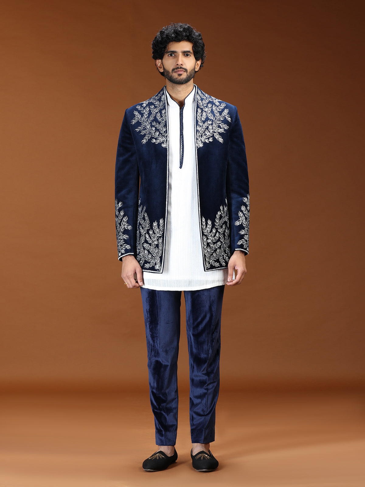 Blue botanical embroidered velvet mens indo western