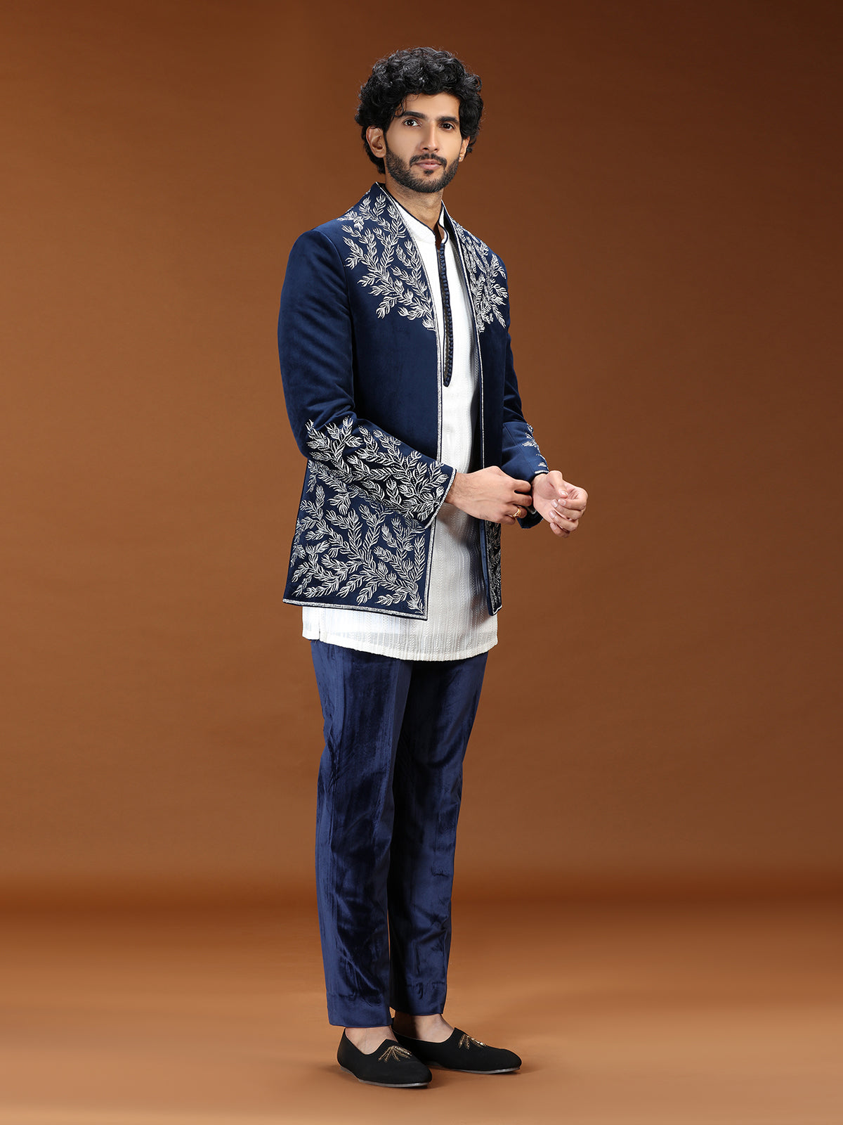 Blue botanical embroidered velvet mens indo western