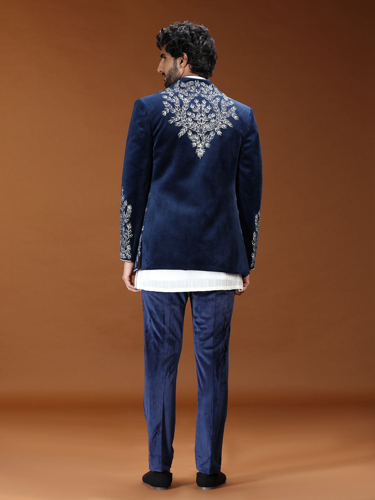 Blue botanical embroidered velvet mens indo western
