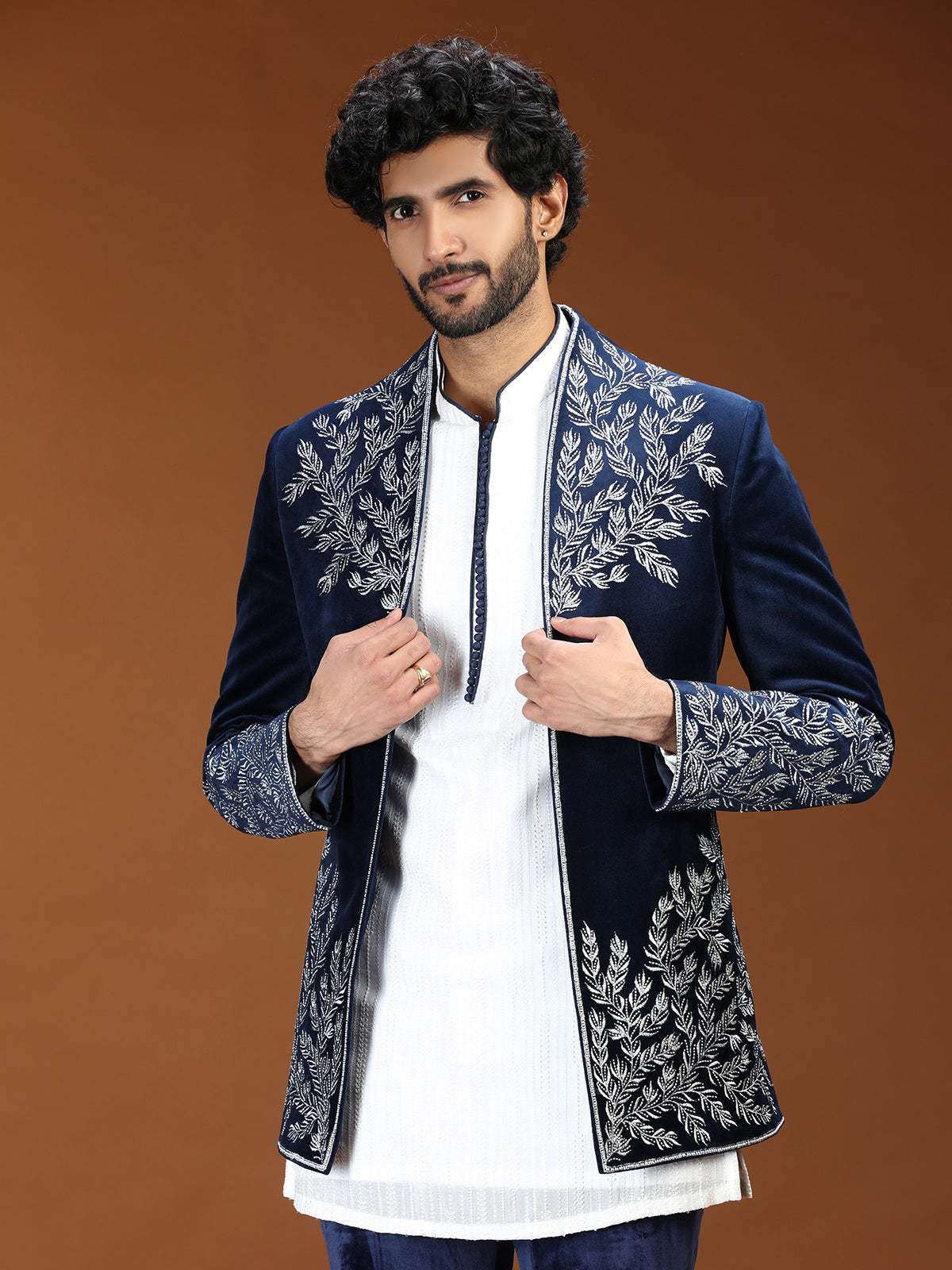 Blue botanical embroidered velvet mens indo western