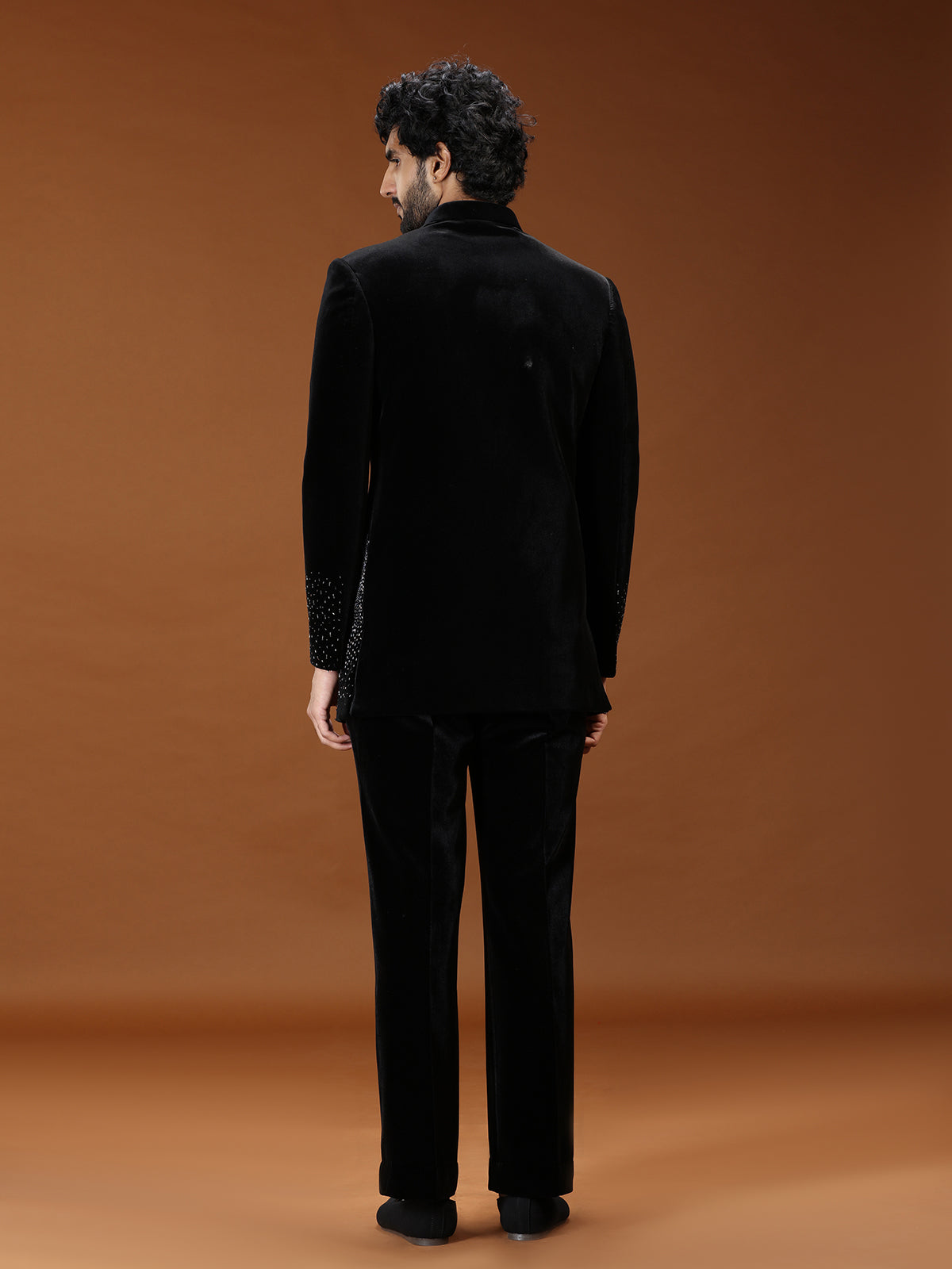 Black geometric skyline velvet mens indo western