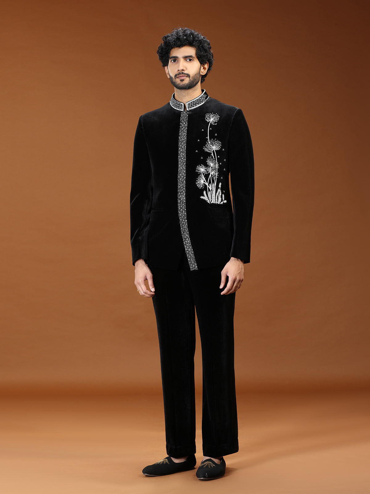 Black dandelion embroidered velvet mens indo western