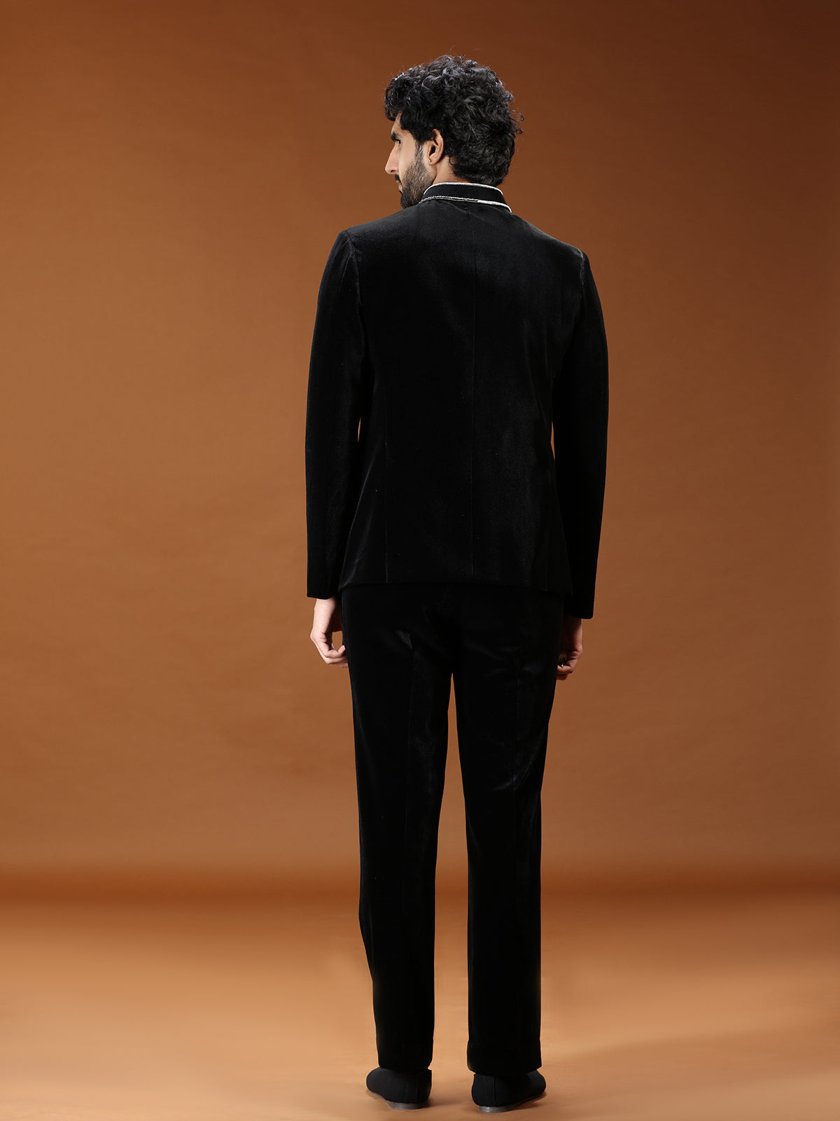 Black dandelion embroidered velvet mens indo western