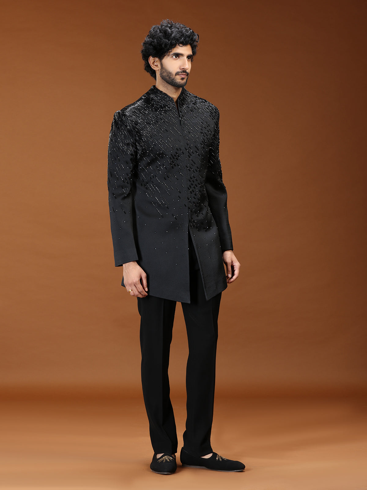 Black textured rayon mens indo western suit