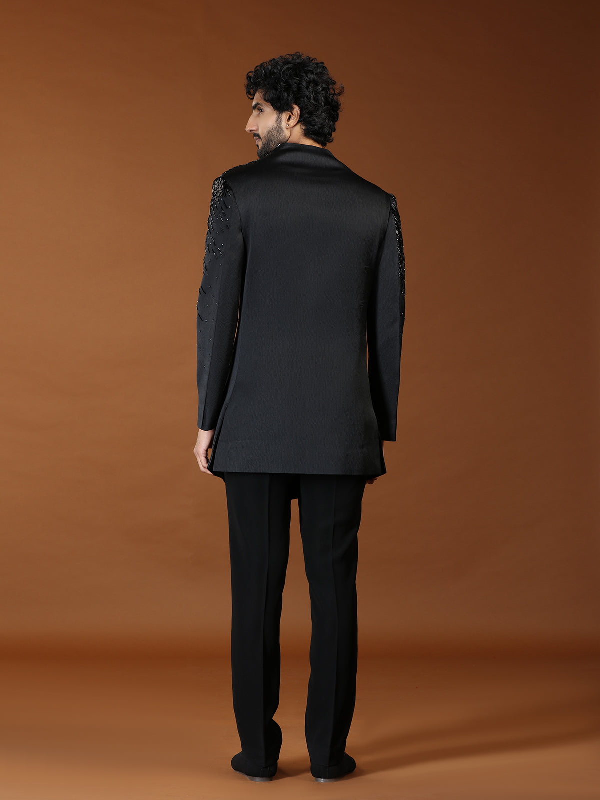 Black textured rayon mens indo western suit
