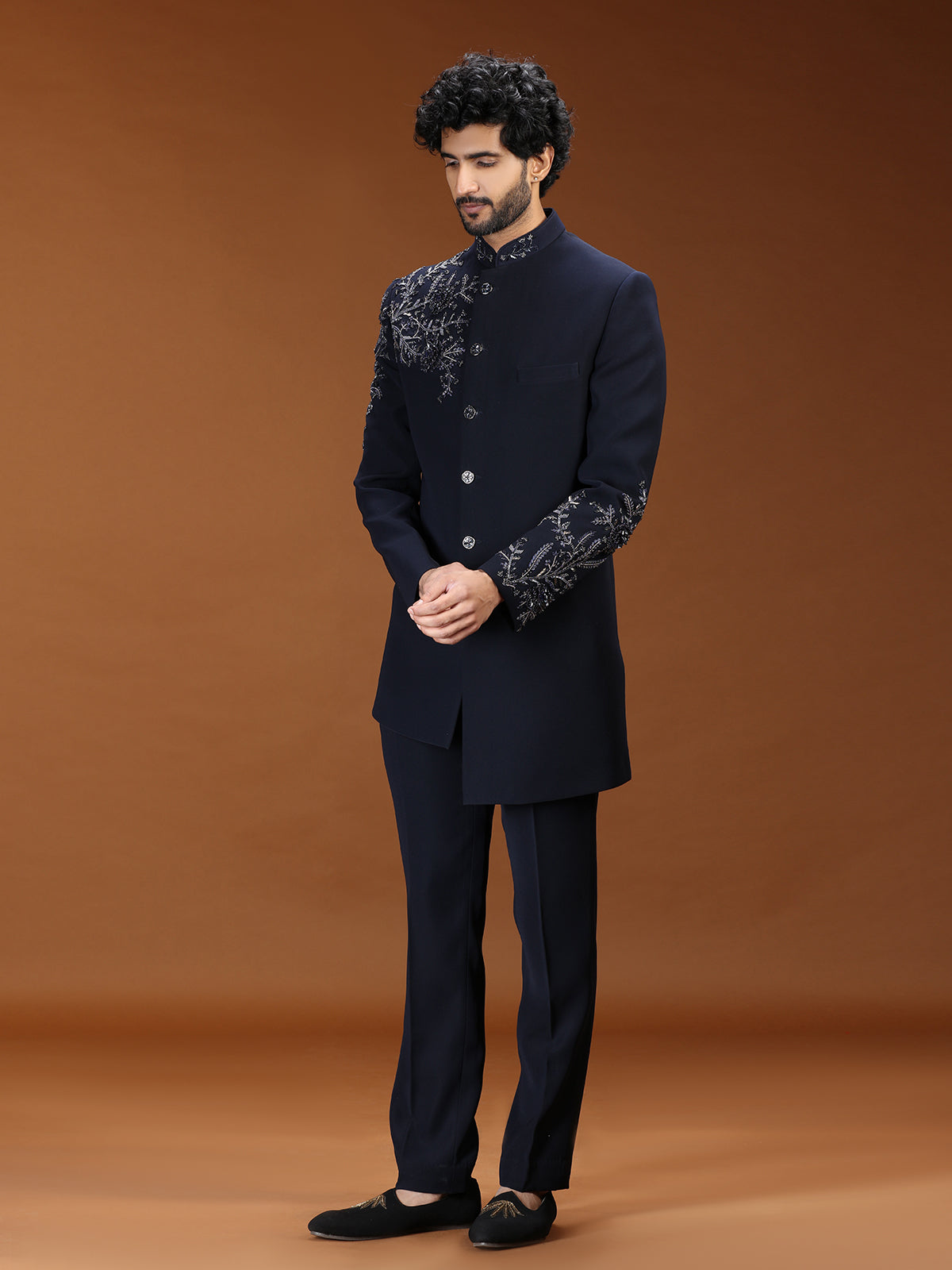 Navy blue baroque embroidered mens indo western