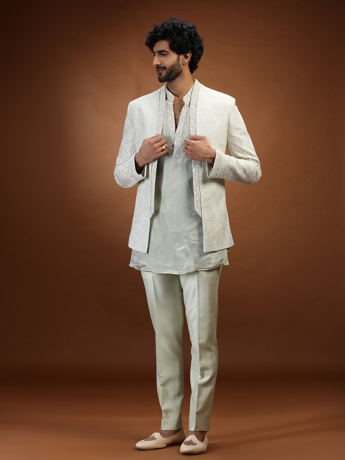 Mint green chikankari jacket mens indo western