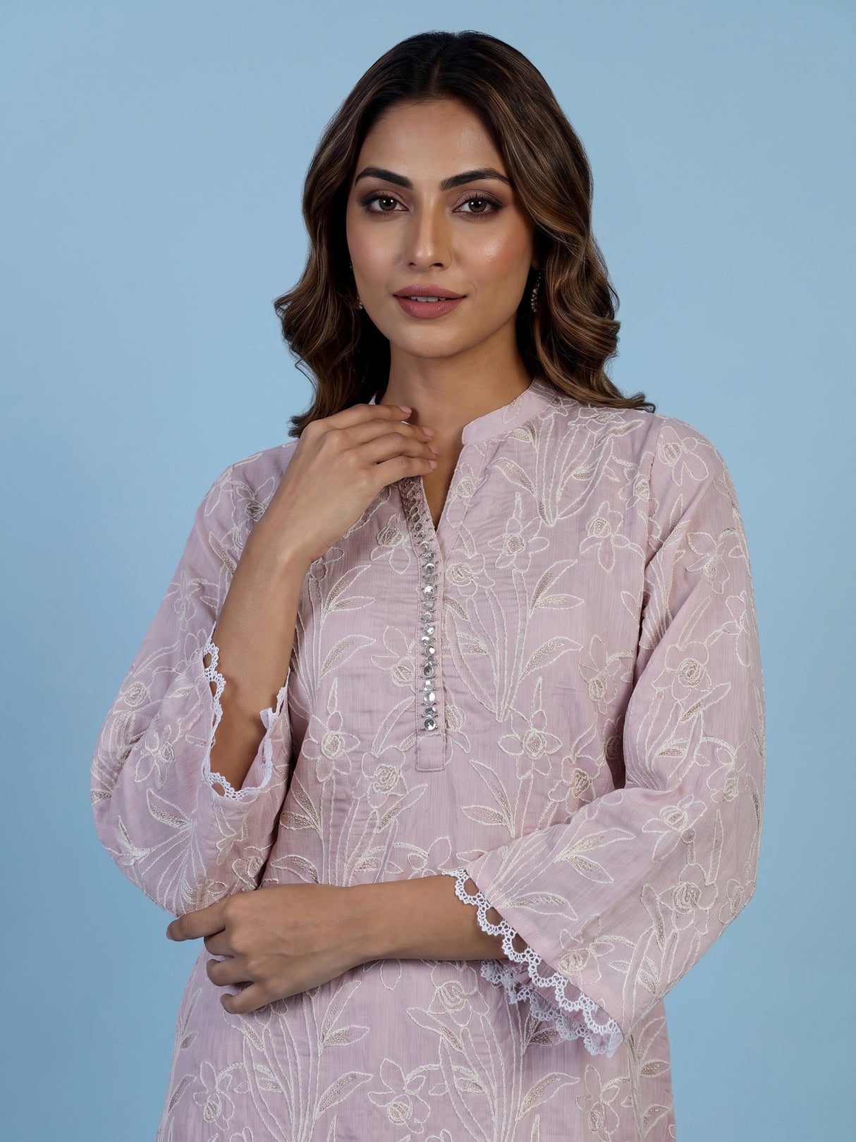 Pretty pink cotton blend kurti set with white threadwork
