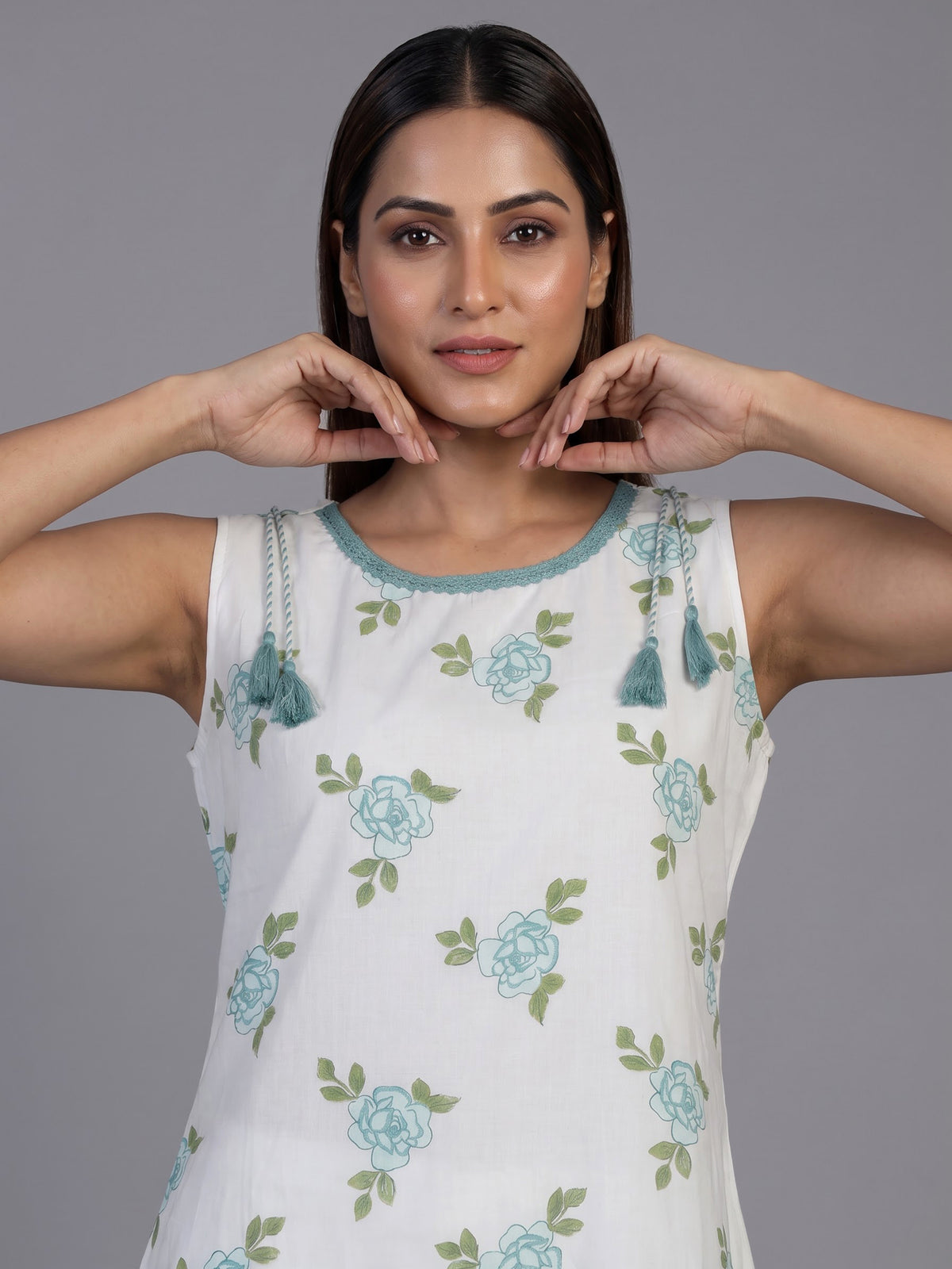 White cotton silk kurti set with elegant blue floral print