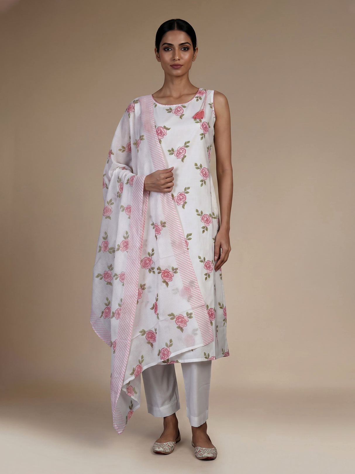 White cotton silk kurti set with pretty pink floral print