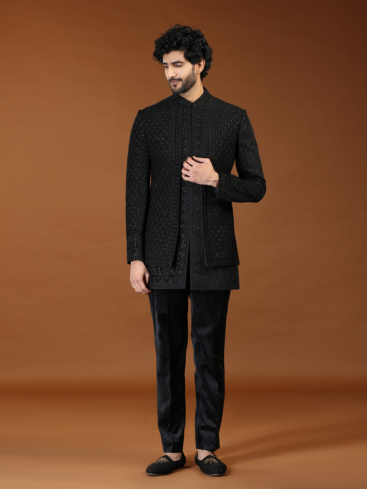 Black geometric chevron velvet mens indo western