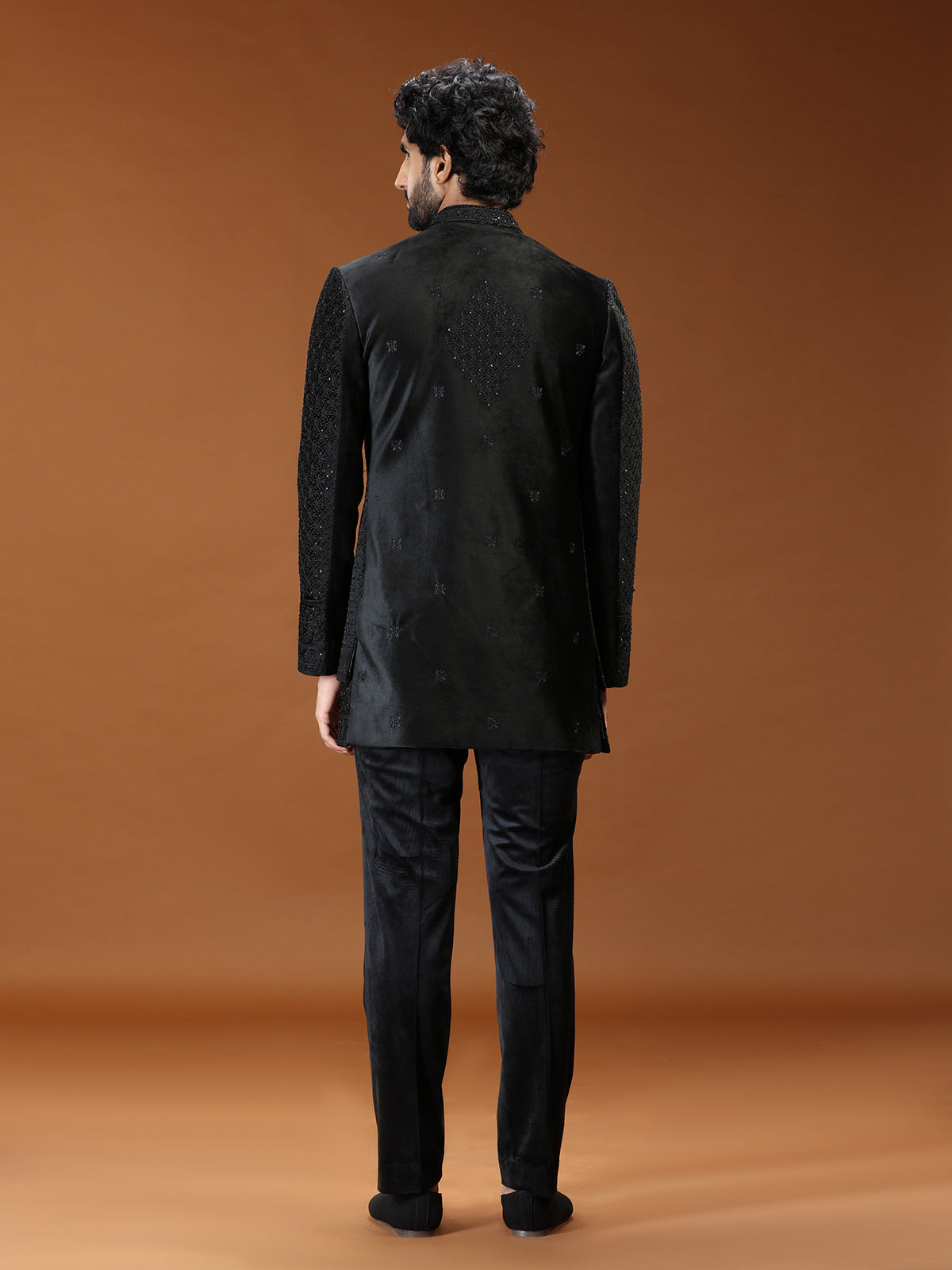 Black geometric chevron velvet mens indo western