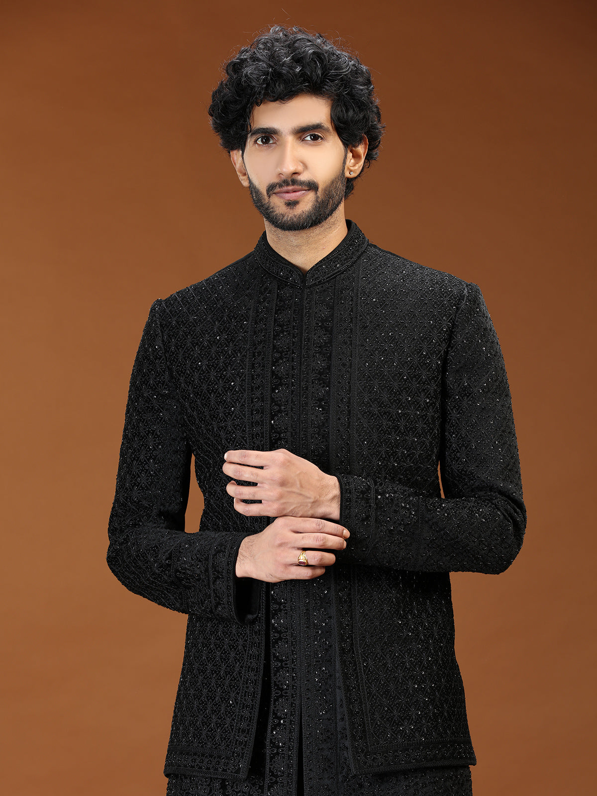Black geometric chevron velvet mens indo western
