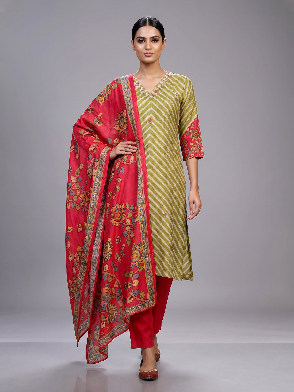 Elegant green silk blend kurti set with festive embellishments