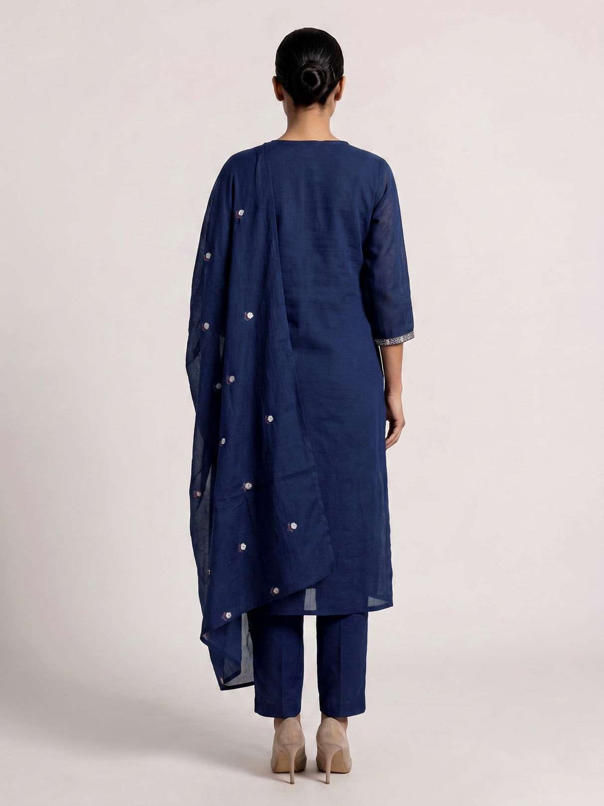 Navy blue cotton blend kurti set with floral embroidery