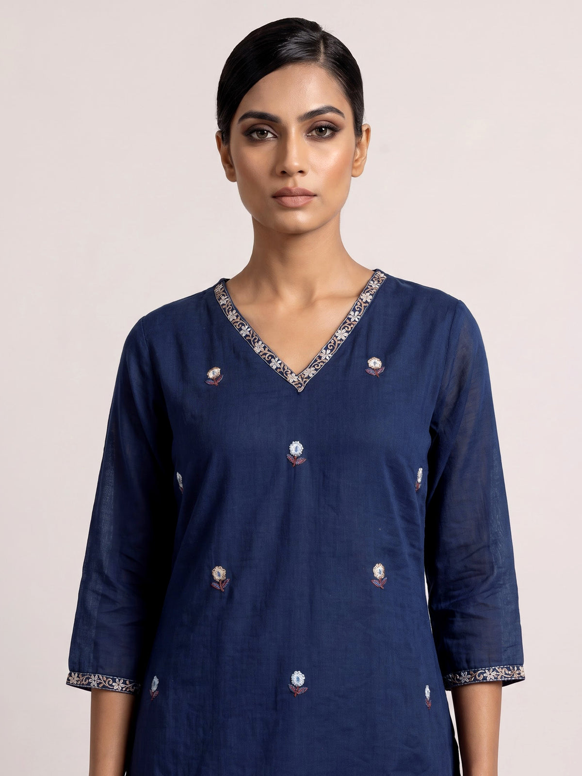 Navy blue cotton blend kurti set with floral embroidery