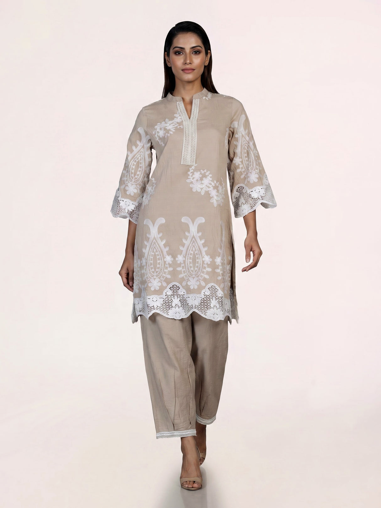 Elegant beige cotton blend kurti set with delicate festive embellishments