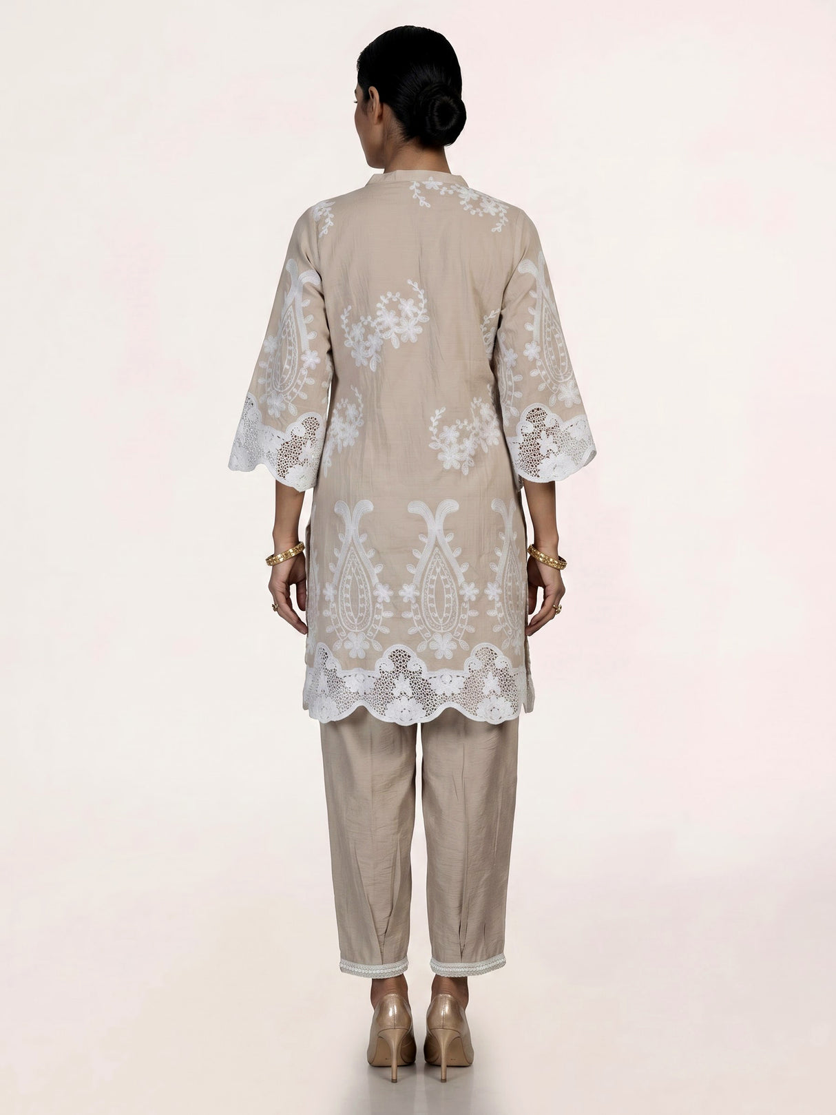 Elegant beige cotton blend kurti set with delicate festive embellishments