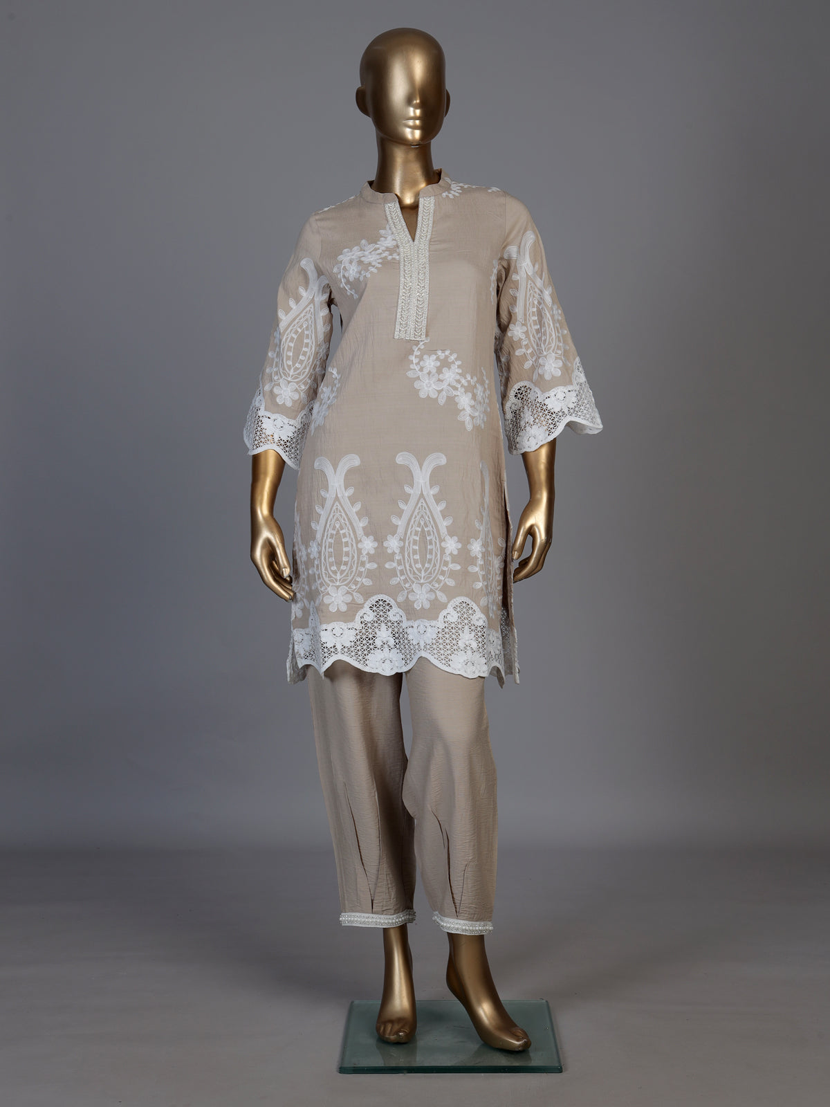 Elegant beige cotton blend kurti set with delicate festive embellishments